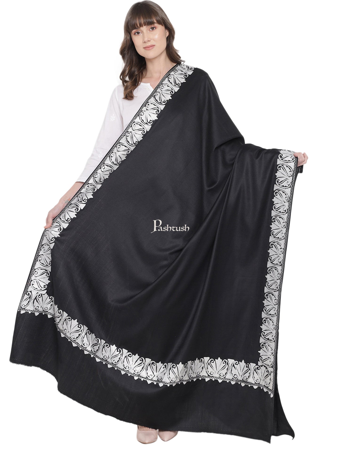 Pashtush India Womens Shawls Pashtush Womens Hand Embroidery Shawl, Border Design With Tilla Zari Work - Black