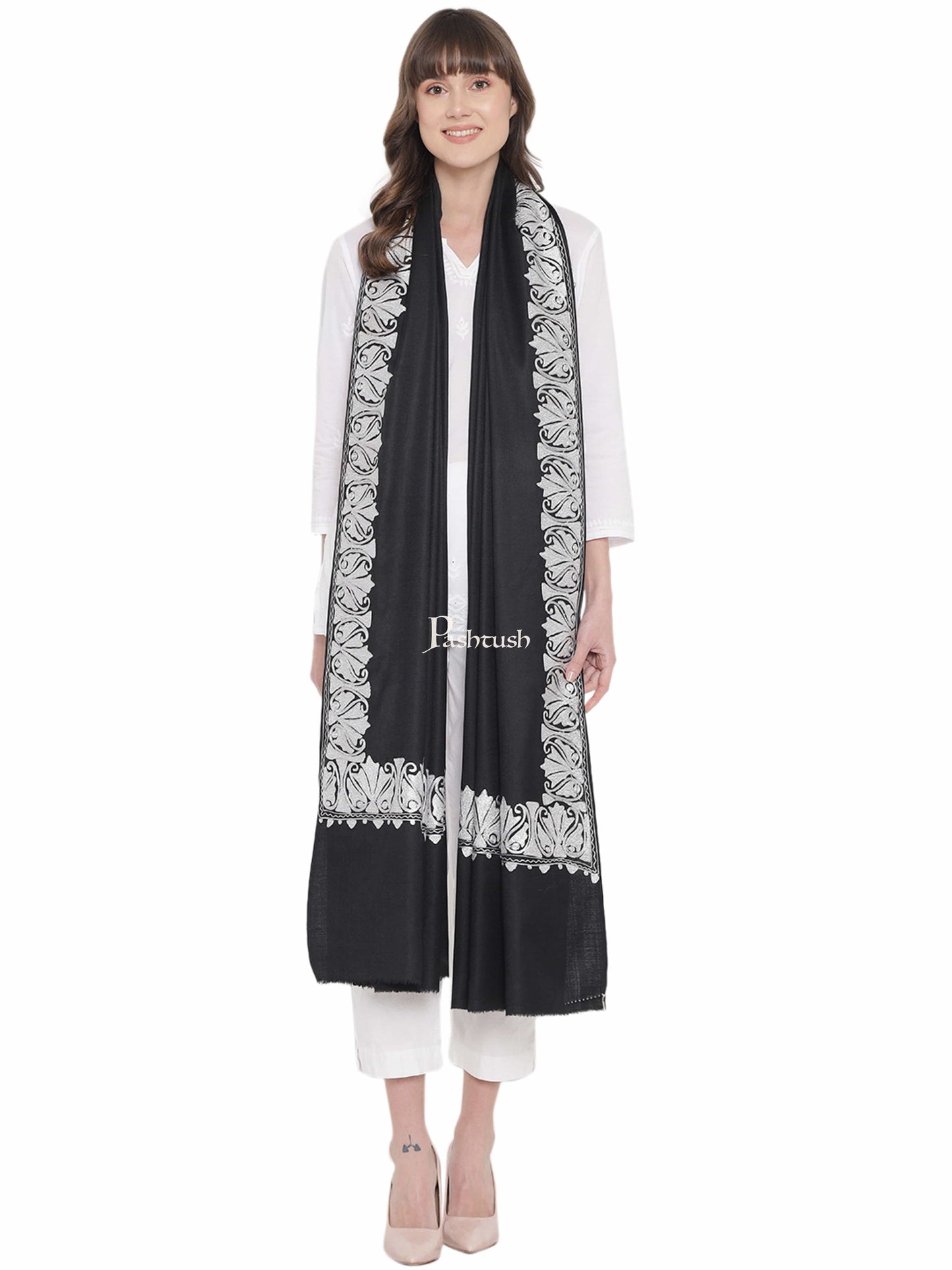Pashtush India Womens Shawls Pashtush Womens Hand Embroidery Shawl, Border Design With Tilla Zari Work - Black