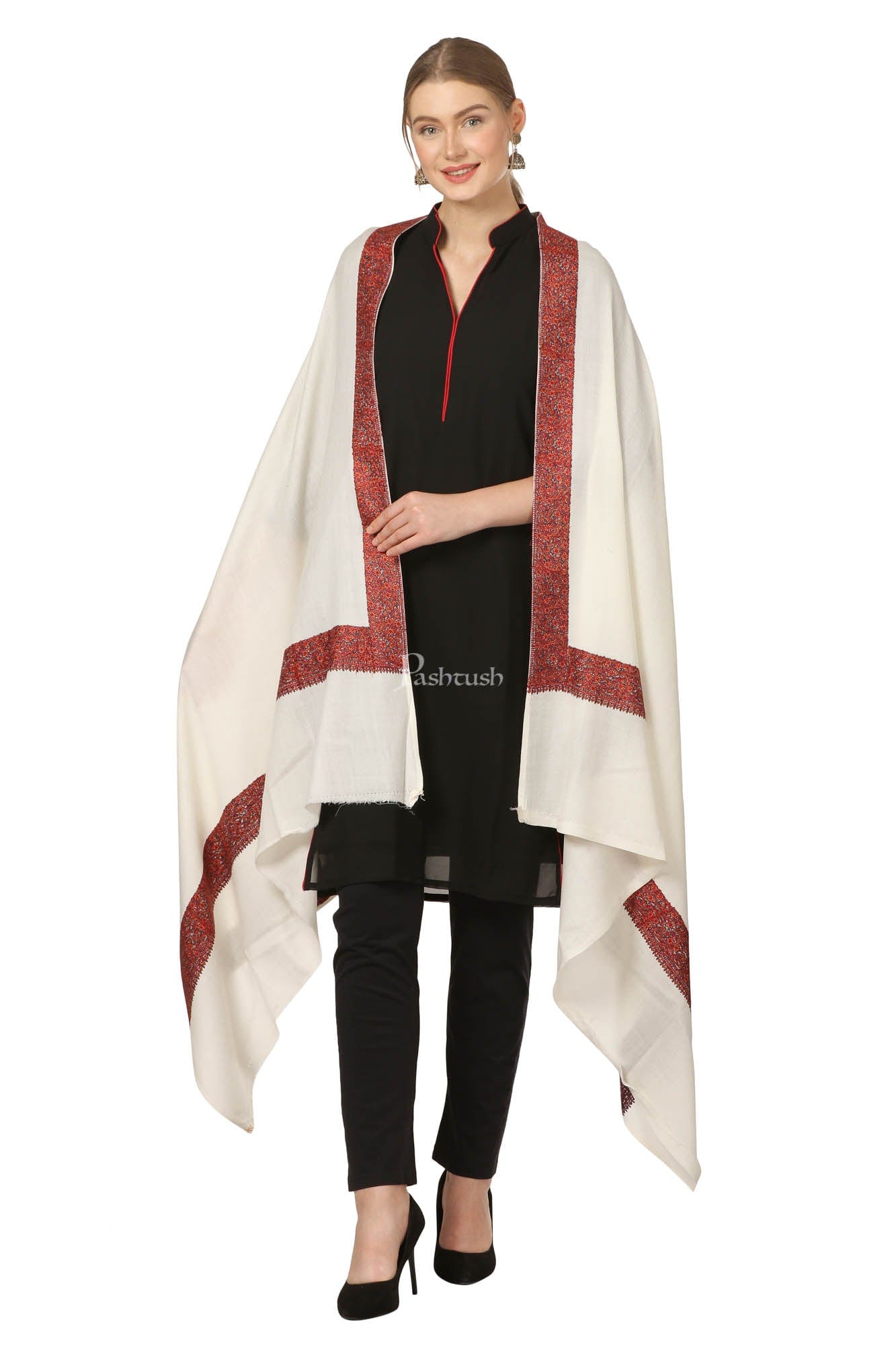 Pashtush India Womens Shawls Pashtush Womens Hand Embroidery Shawl, Fine Wool Shawls, Ivory