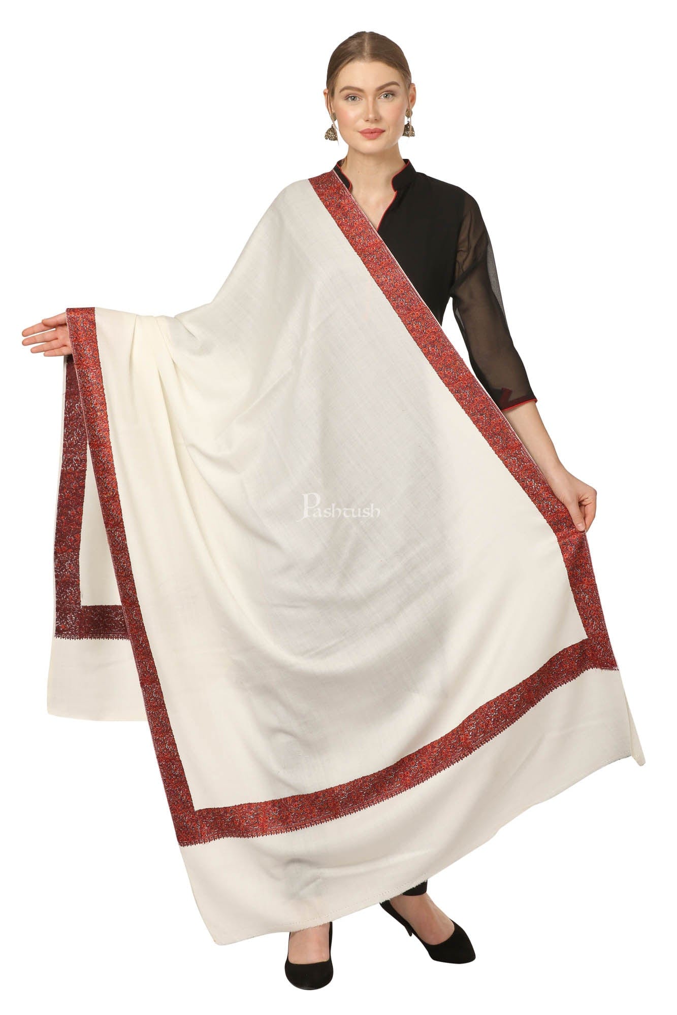 Pashtush India Womens Shawls Pashtush Womens Hand Embroidery Shawl, Fine Wool Shawls, Ivory