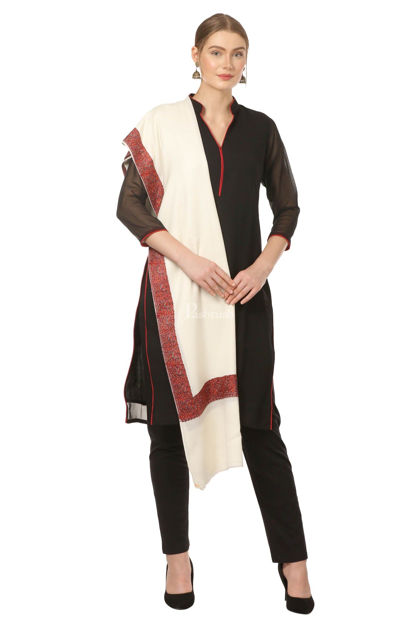 Pashtush India Womens Shawls Pashtush Womens Hand Embroidery Shawl, Fine Wool Shawls, Ivory