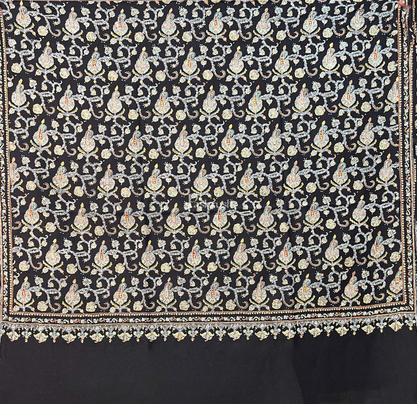 Pashtush India Womens Shawls Pashtush Womens Handmade Pashmina Shawl, Kashmiri Sozni Embroidery, Black
