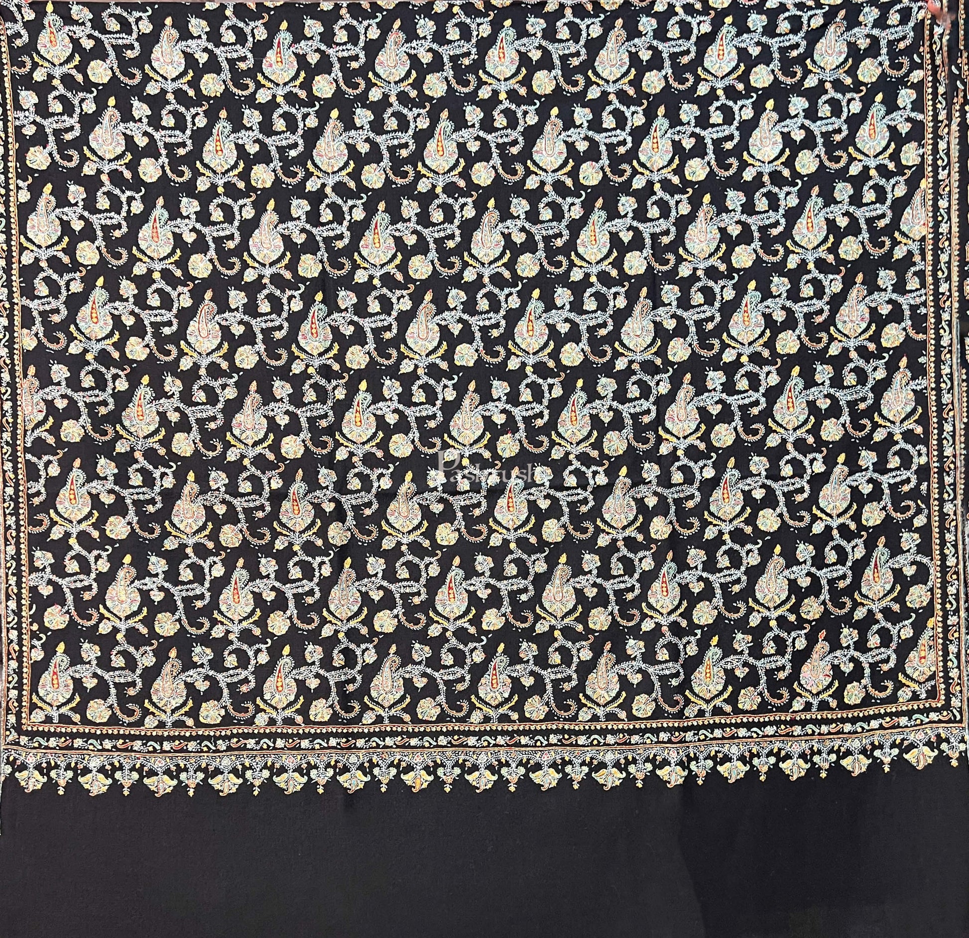 Pashtush India Womens Shawls Pashtush Womens Handmade Pashmina Shawl, Kashmiri Sozni Embroidery, Black
