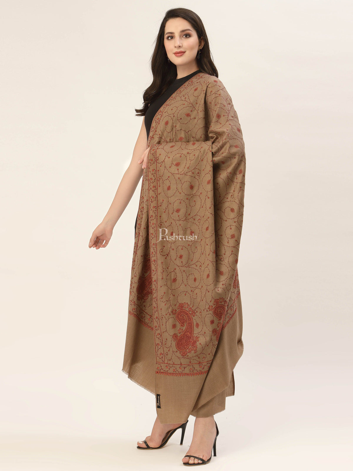 Pashtush India Womens Shawls Pashtush Womens Jaal Embroidery Shawl, Large Size, Taupe