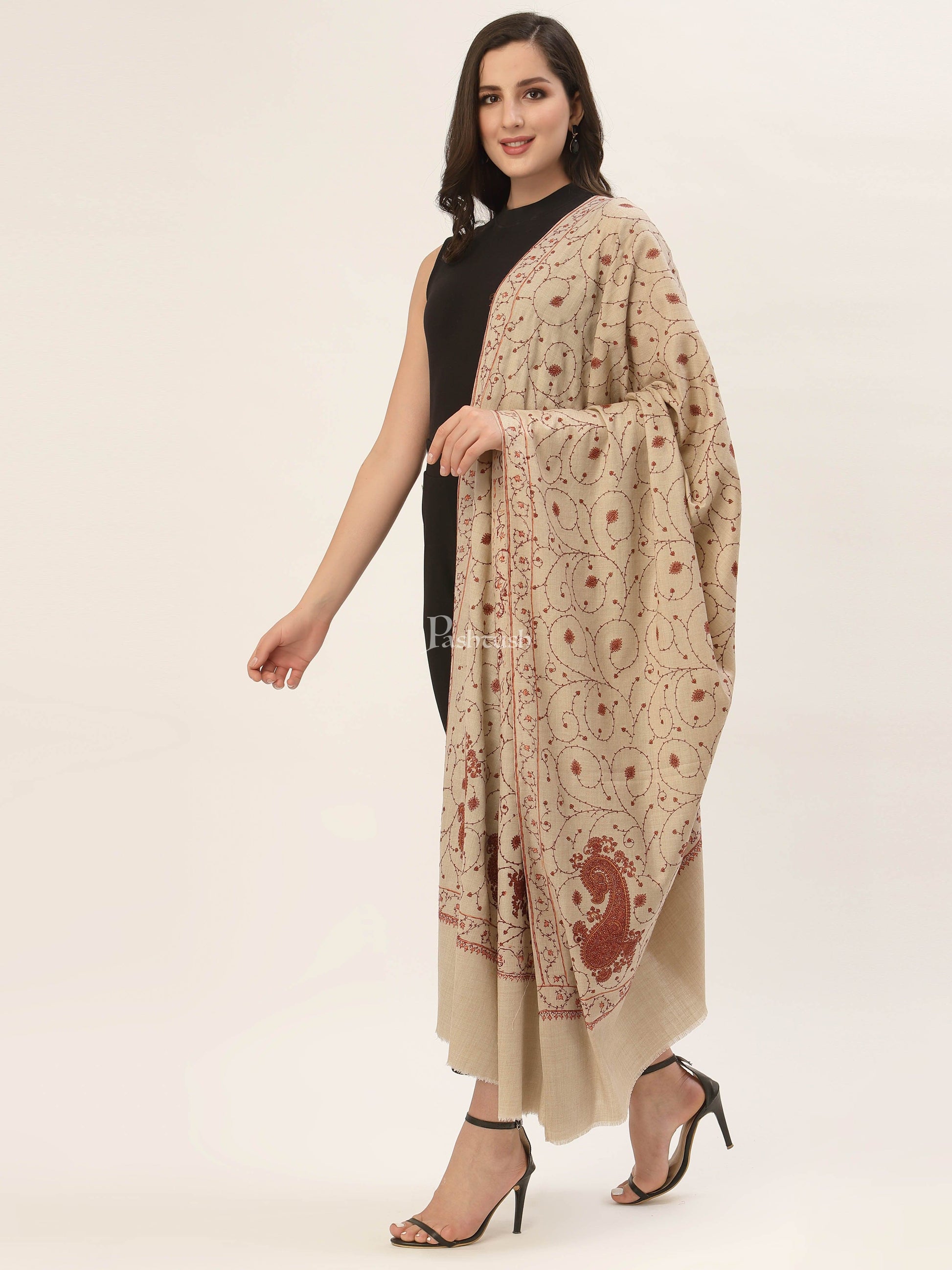 Pashtush India Womens Shawls Pashtush Womens Jaal Embroidery Shawl, Large Size, Taupe