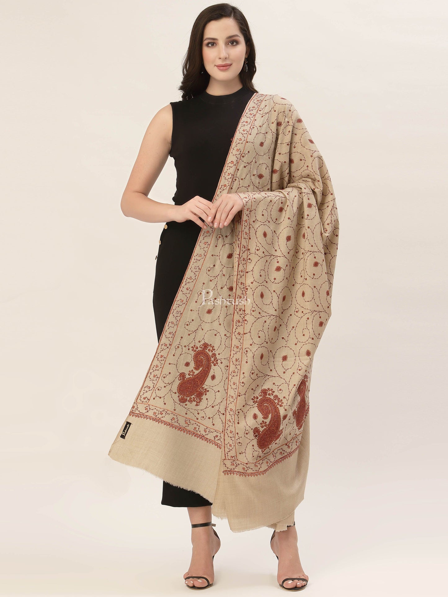 Pashtush India Womens Shawls Pashtush Womens Jaal Embroidery Shawl, Large Size, Taupe