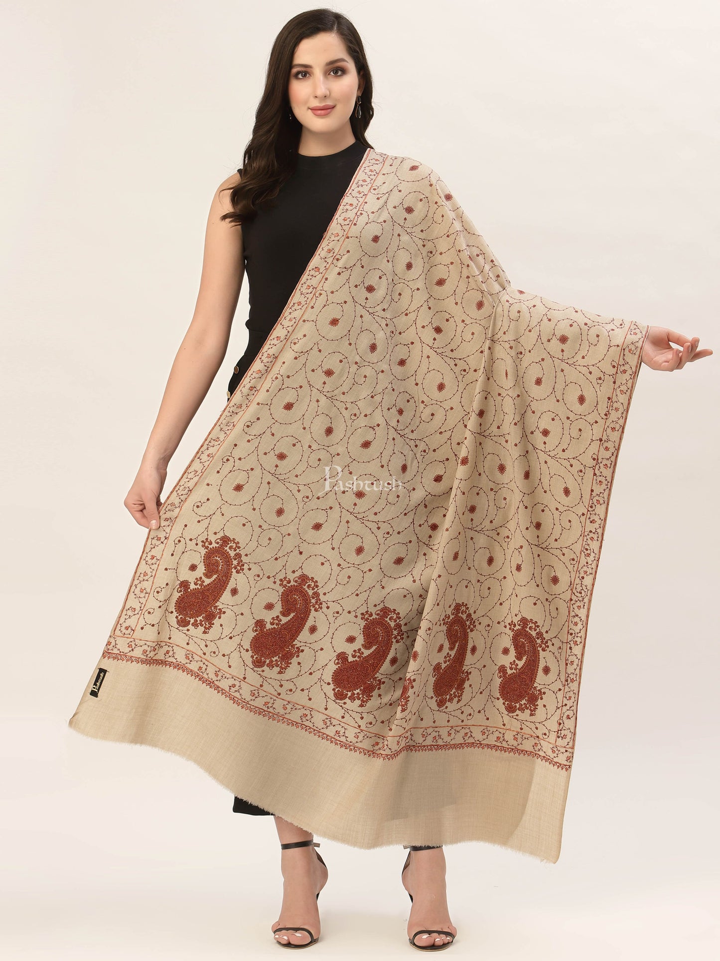 Pashtush India Womens Shawls Pashtush Womens Jaal Embroidery Shawl, Large Size, Taupe