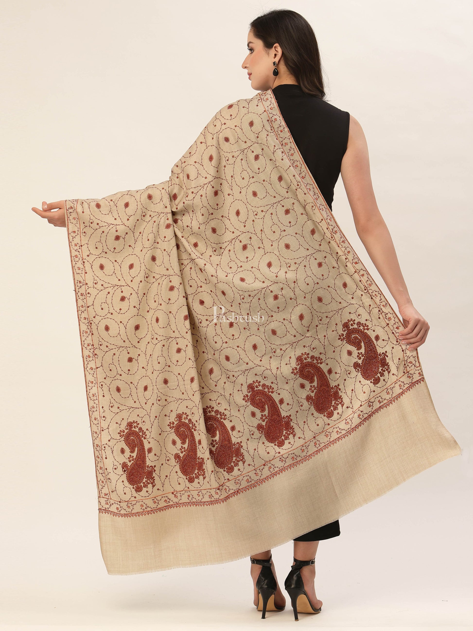 Pashtush India Womens Shawls Pashtush Womens Jaal Embroidery Shawl, Large Size, Taupe