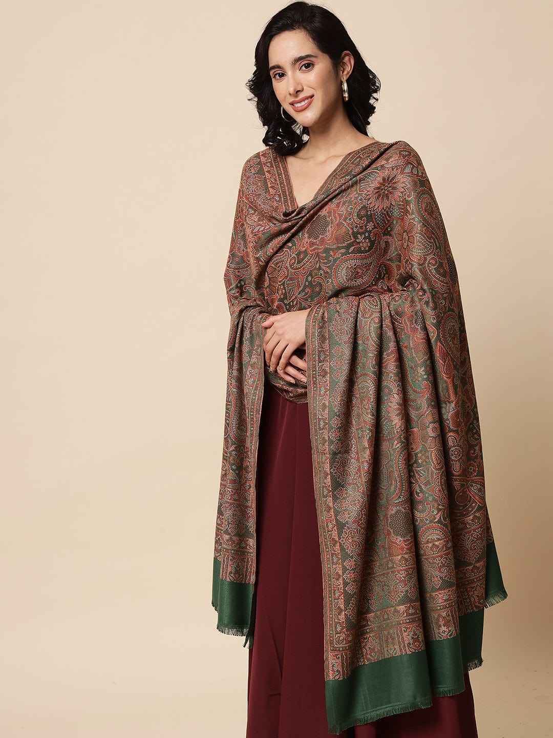 Pashtush India Womens Shawls Pashtush Womens, Jamawar Shawl, Faux Pashmina, Soft and Warm, Deep Green