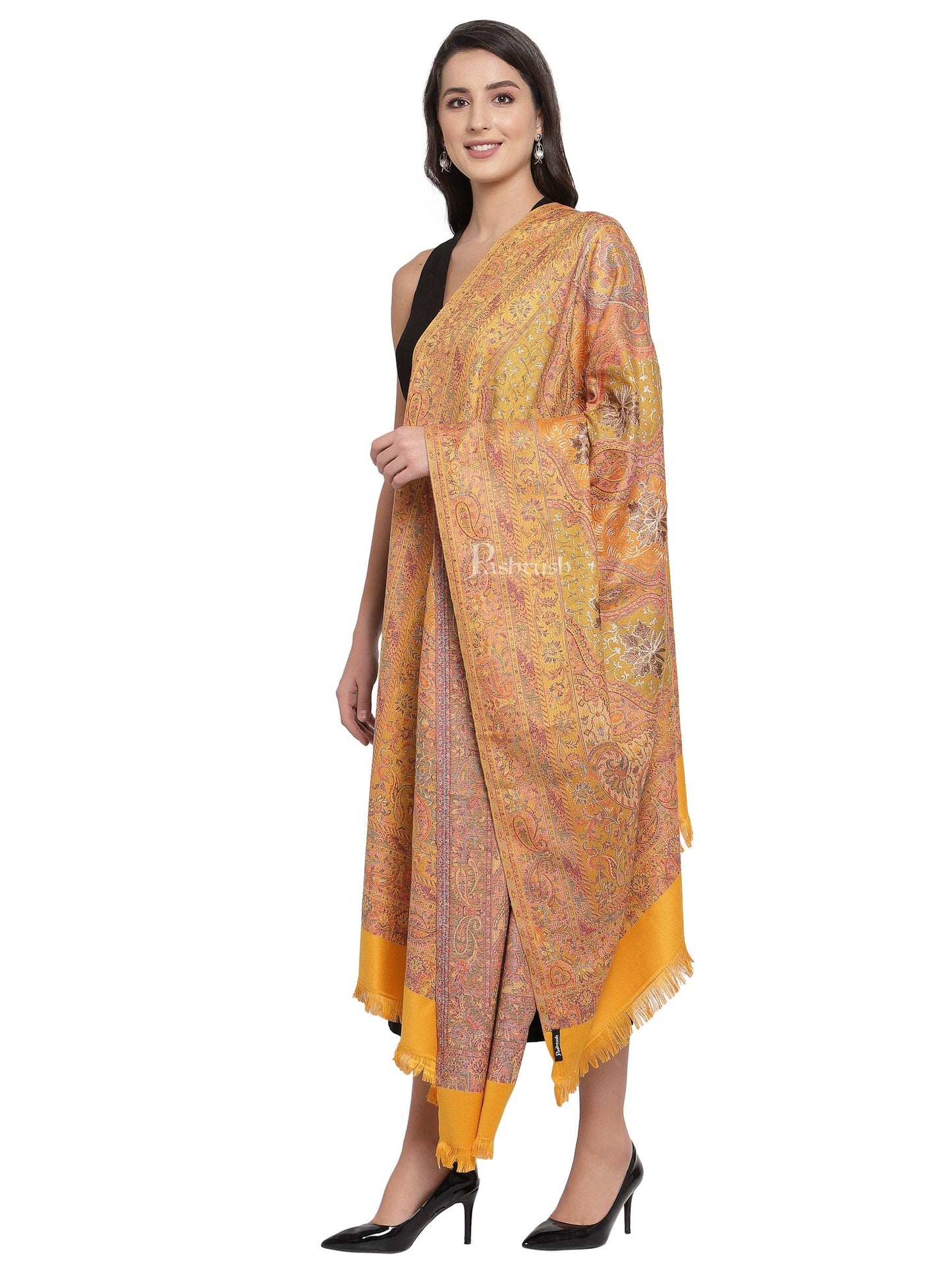 Pashtush India Womens Shawls Pashtush Womens Jamawar Shawl With Hand Aari Embroidery, Silky Threadwork - Soft Faux Mustard