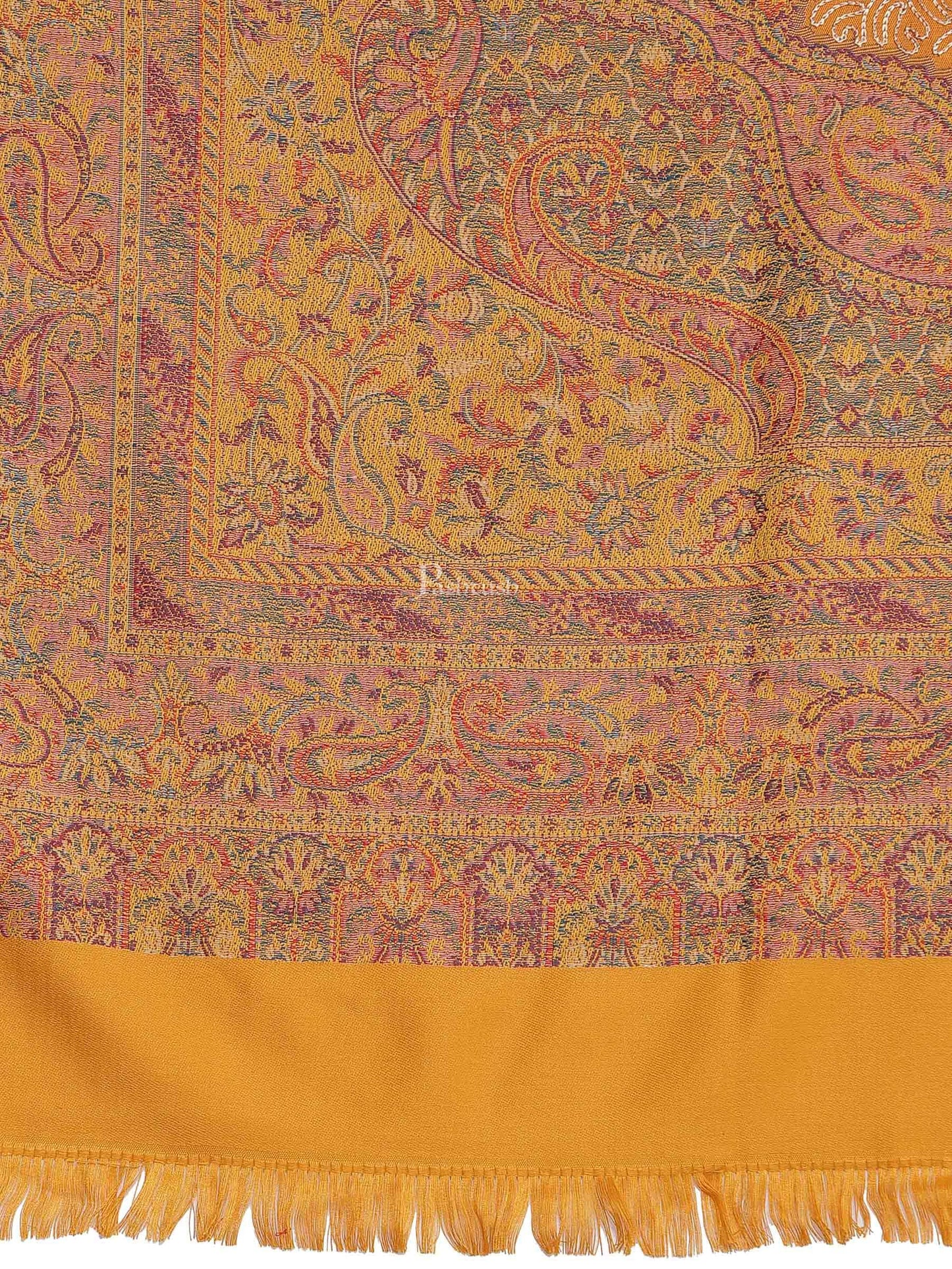 Pashtush India Womens Shawls Pashtush Womens Jamawar Shawl With Hand Aari Embroidery, Silky Threadwork - Soft Faux Mustard