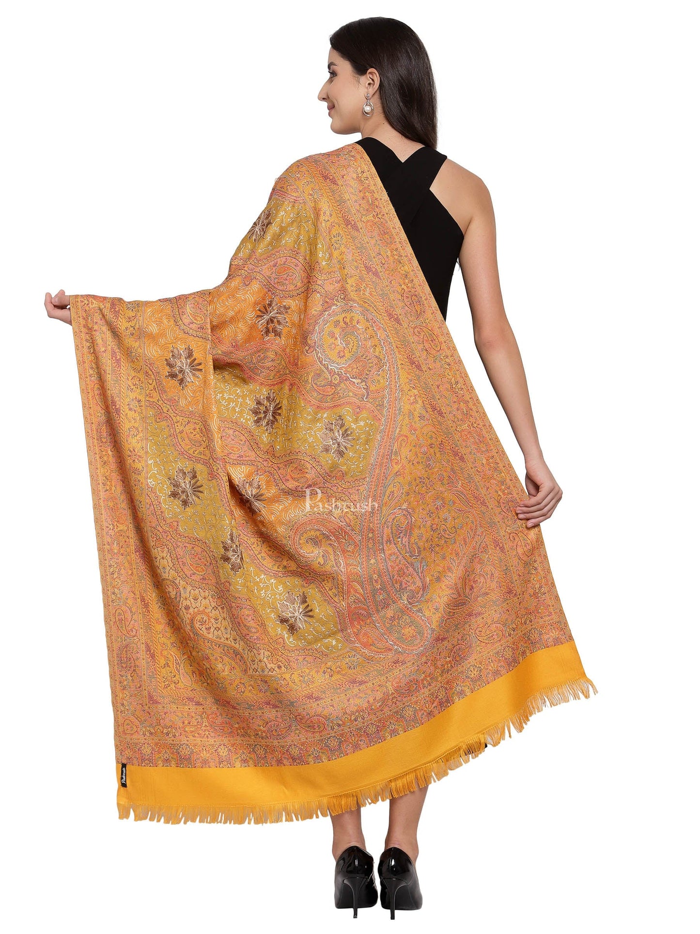 Pashtush India Womens Shawls Pashtush Womens Jamawar Shawl With Hand Aari Embroidery, Silky Threadwork - Soft Faux Mustard