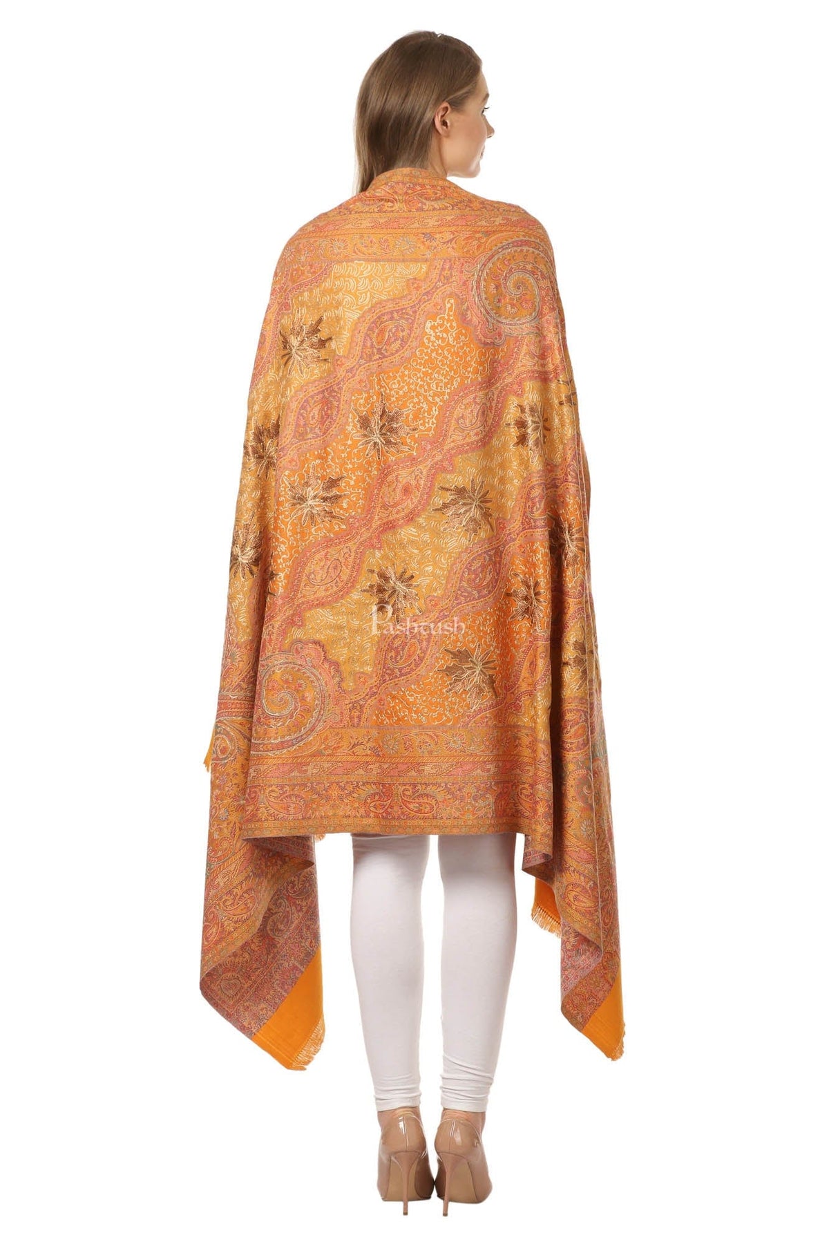 Pashtush India Womens Shawls Pashtush Womens Jamawar Shawl With Hand Aari Embroidery, Silky Threadwork - Soft Faux Mustard