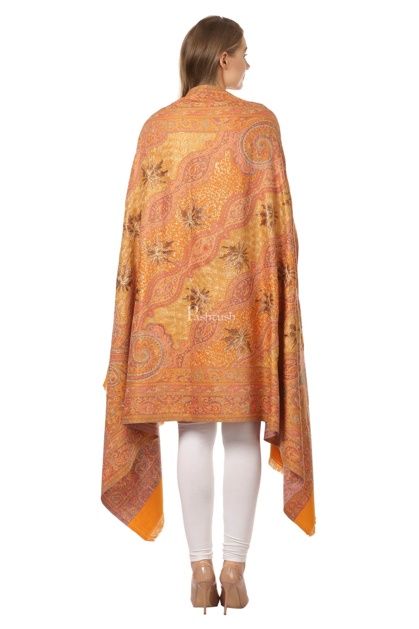 Pashtush India Womens Shawls Pashtush Womens Jamawar Shawl With Hand Aari Embroidery, Silky Threadwork - Soft Faux Mustard