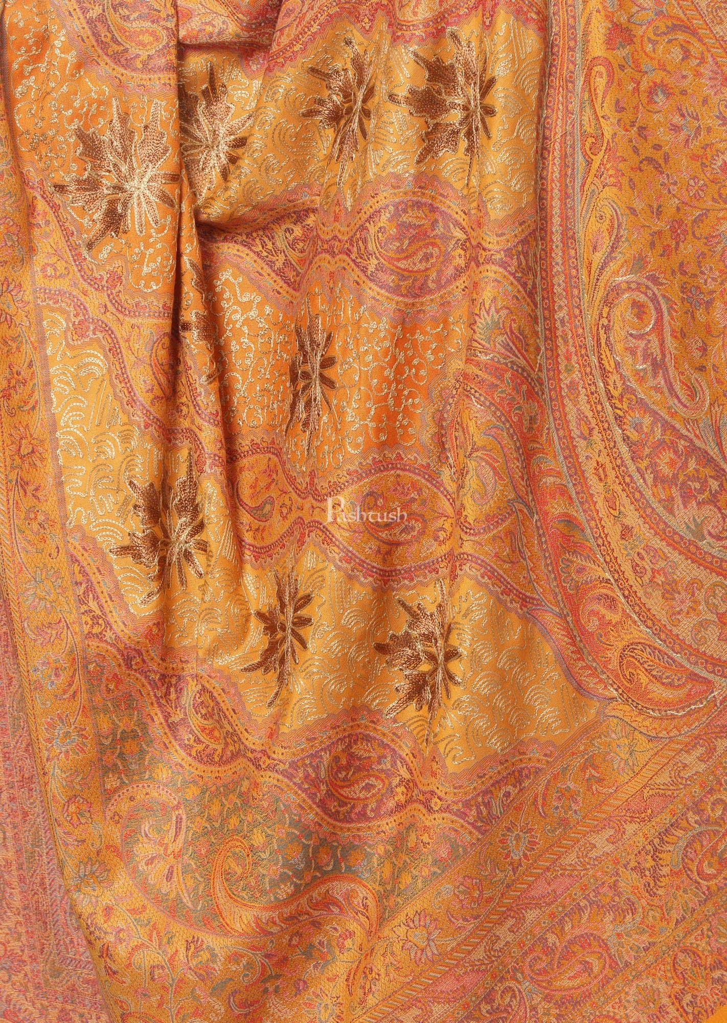 Pashtush India Womens Shawls Pashtush Womens Jamawar Shawl With Hand Aari Embroidery, Silky Threadwork - Soft Faux Mustard