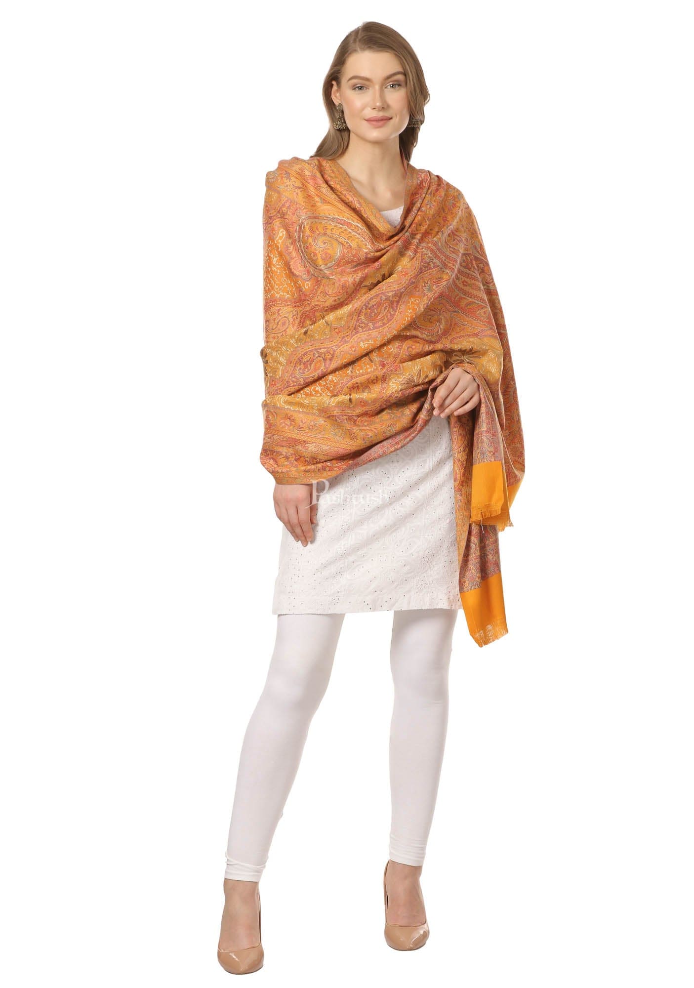 Pashtush India Womens Shawls Pashtush Womens Jamawar Shawl With Hand Aari Embroidery, Silky Threadwork - Soft Faux Mustard