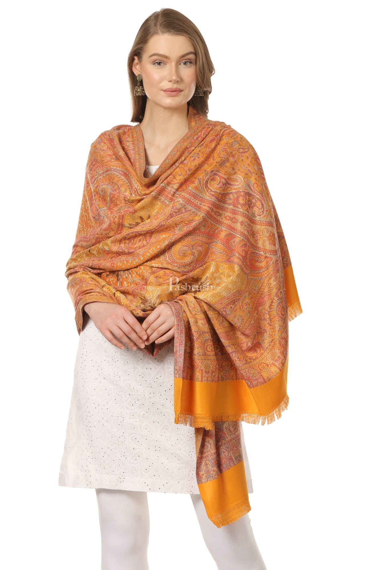Pashtush India Womens Shawls Pashtush Womens Jamawar Shawl With Hand Aari Embroidery, Silky Threadwork - Soft Faux Mustard