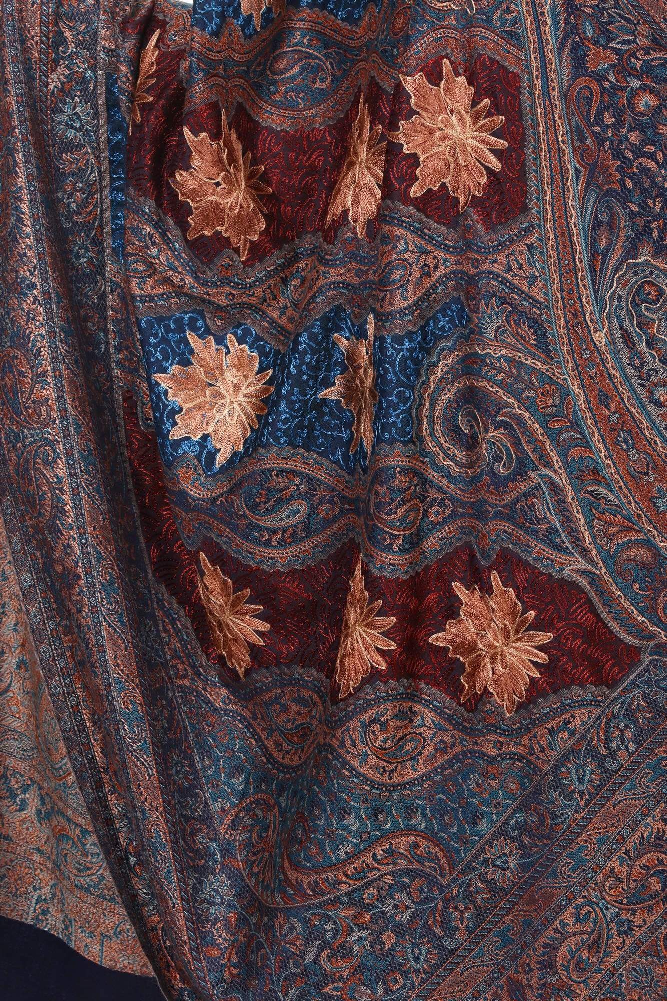 Pashtush India 100x200 Pashtush Womens Jamawar Shawl with Hand Aari Embroidery, Silky Threadwork - Soft Faux Navy