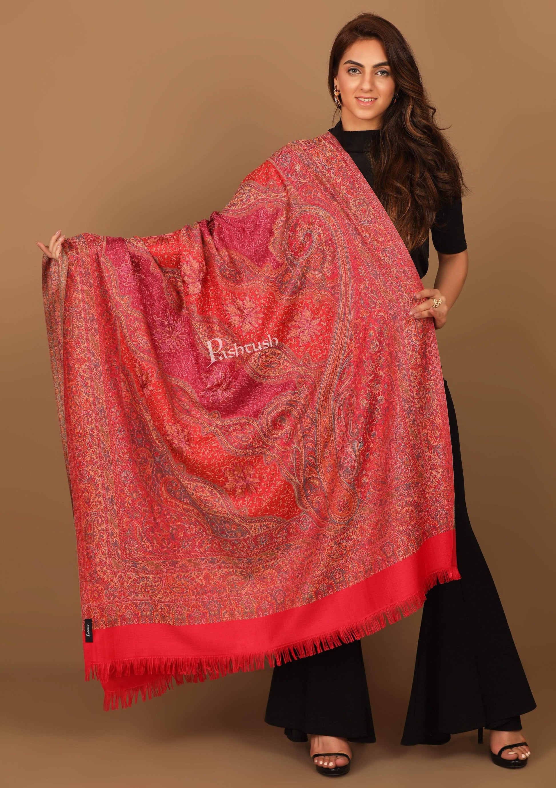 Pashtush Shawl Store Shawl Pashtush Womens Jamawar Shawl with Hand Aari Embroidery, Silky Threadwork - Soft Faux Pashmina