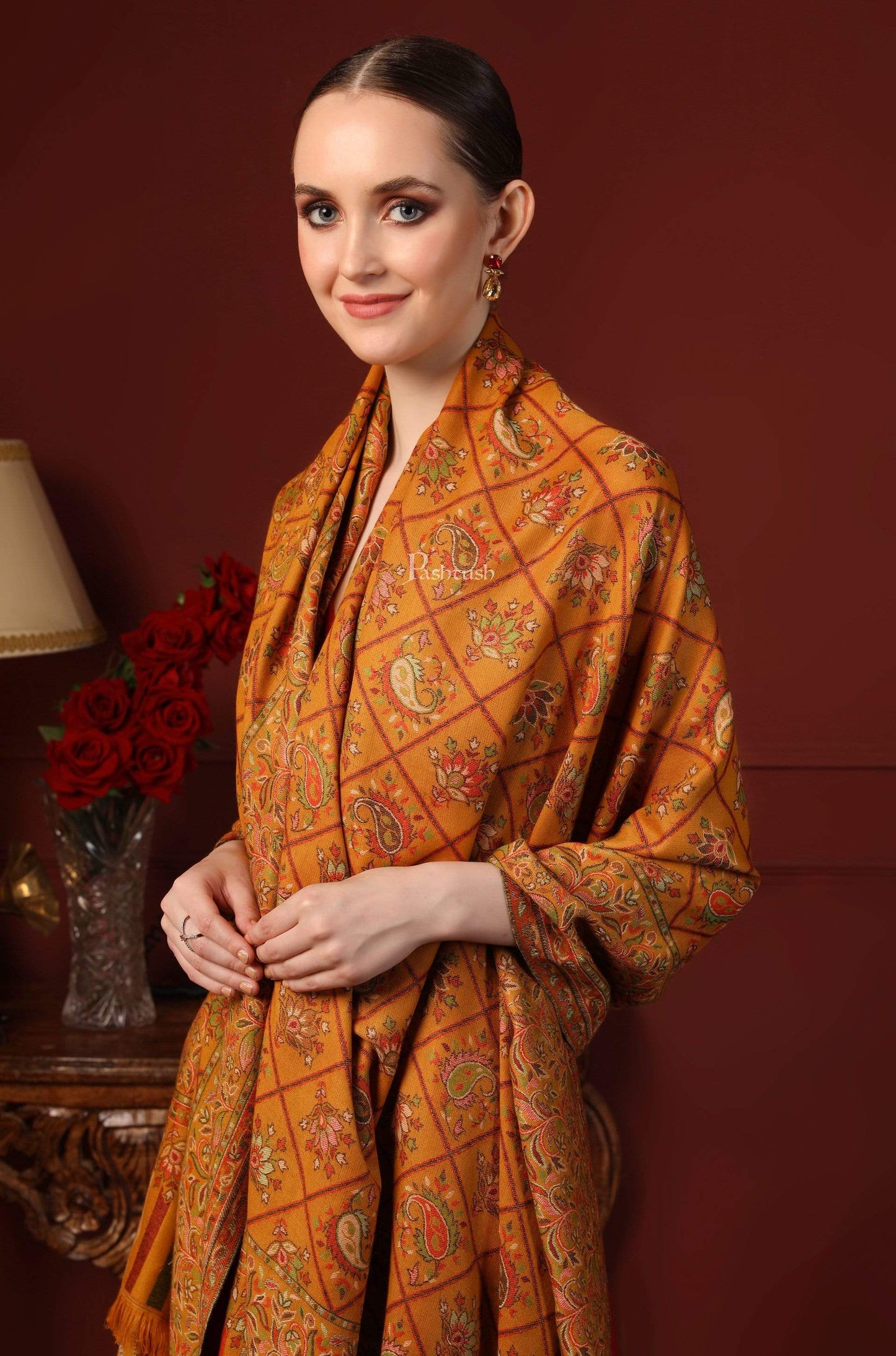 Pashtush India 100x200 PASHTUSH WOMENS KAANI SHAWL, FAUX PASHMINA, SOFT AND WARM, KASHMIRI MUSTARD