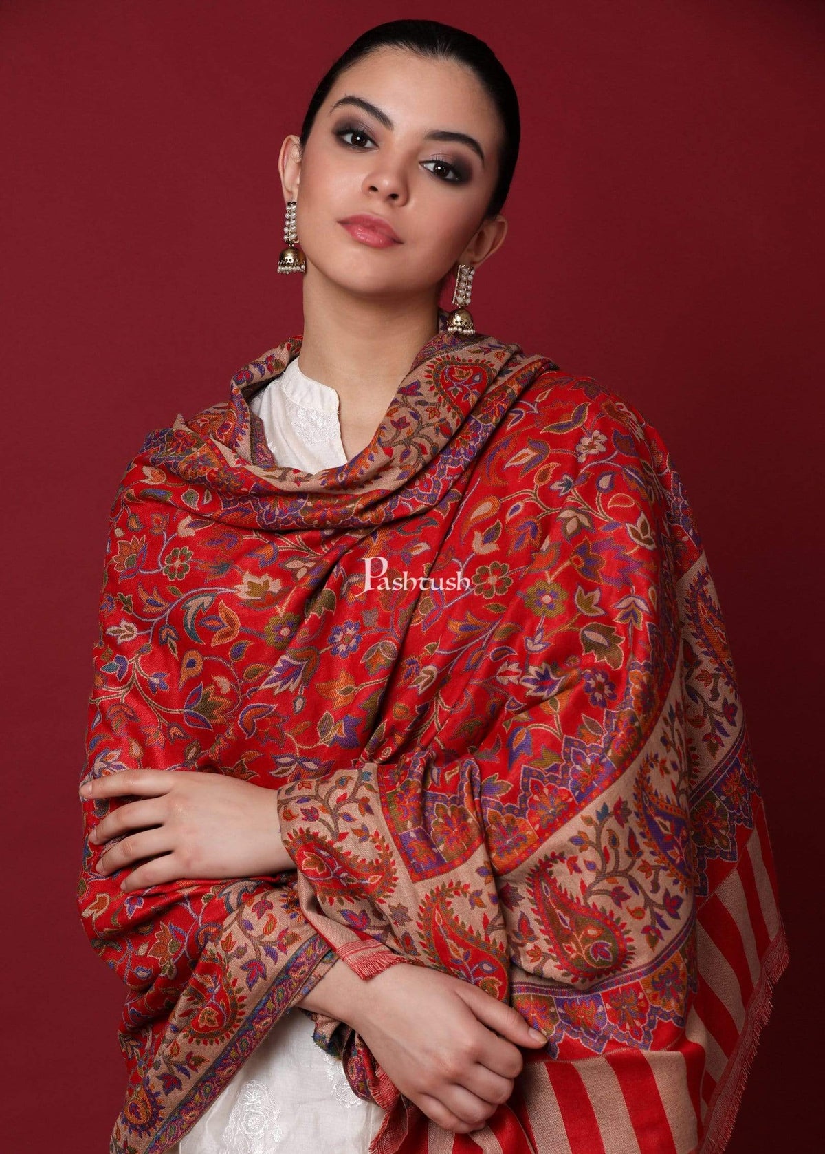 Pashtush Shawl Store Shawl Pashtush Womens Kaani Shawl, Faux Pashmina, Soft and Warm, Red