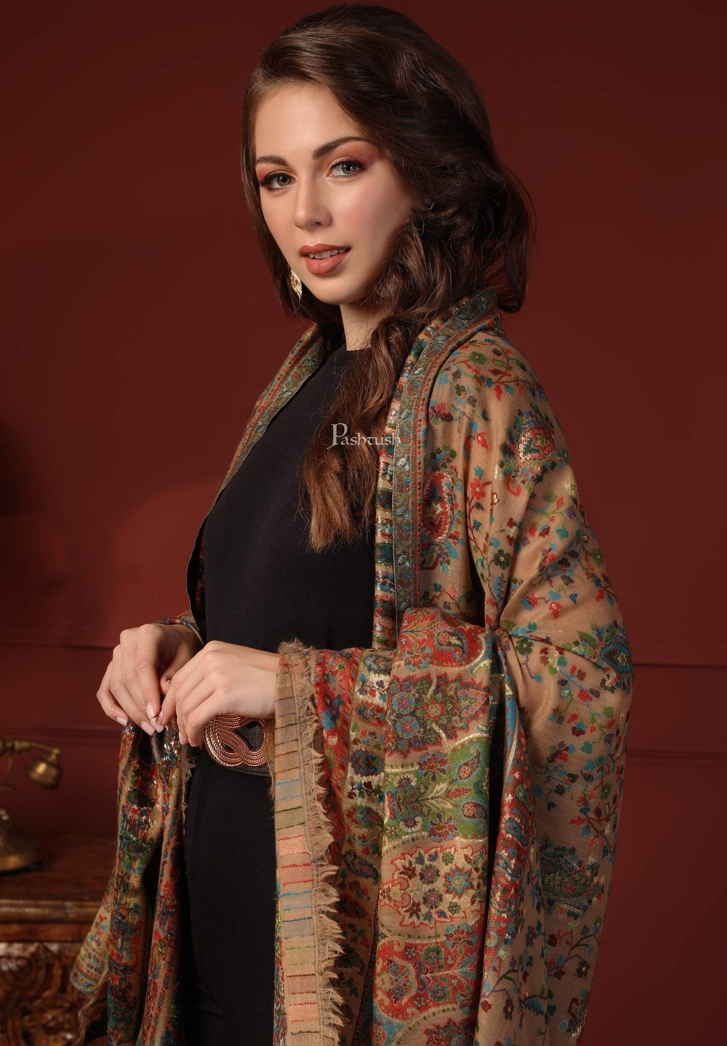 Pashtush India 100x200 Pashtush Womens Kaani Shawl, Pure Wool, Woolmark Certificate, Beige with Zari Weave