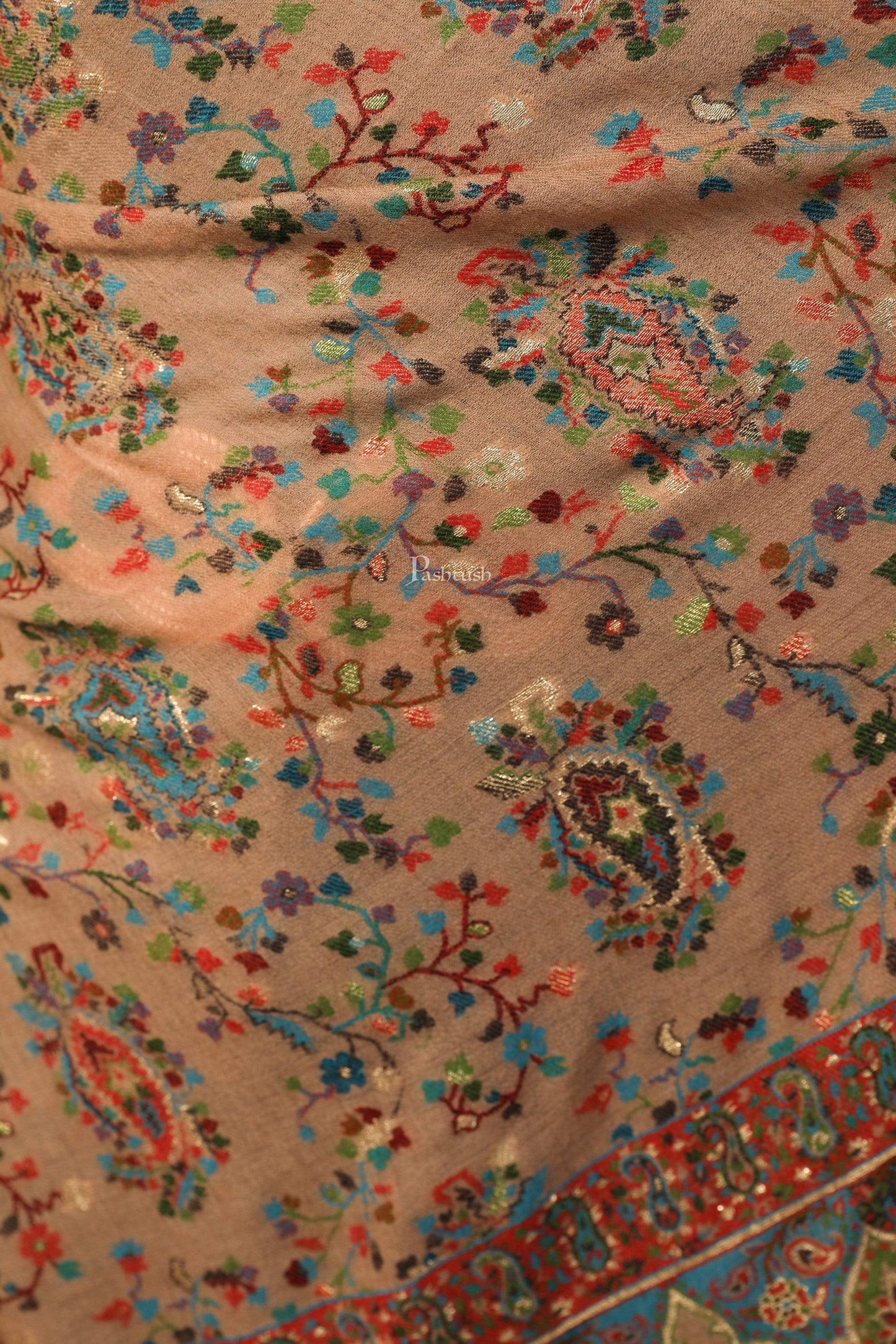 Pashtush India 100x200 Pashtush Womens Kaani Shawl, Pure Wool, Woolmark Certificate, Beige with Zari Weave