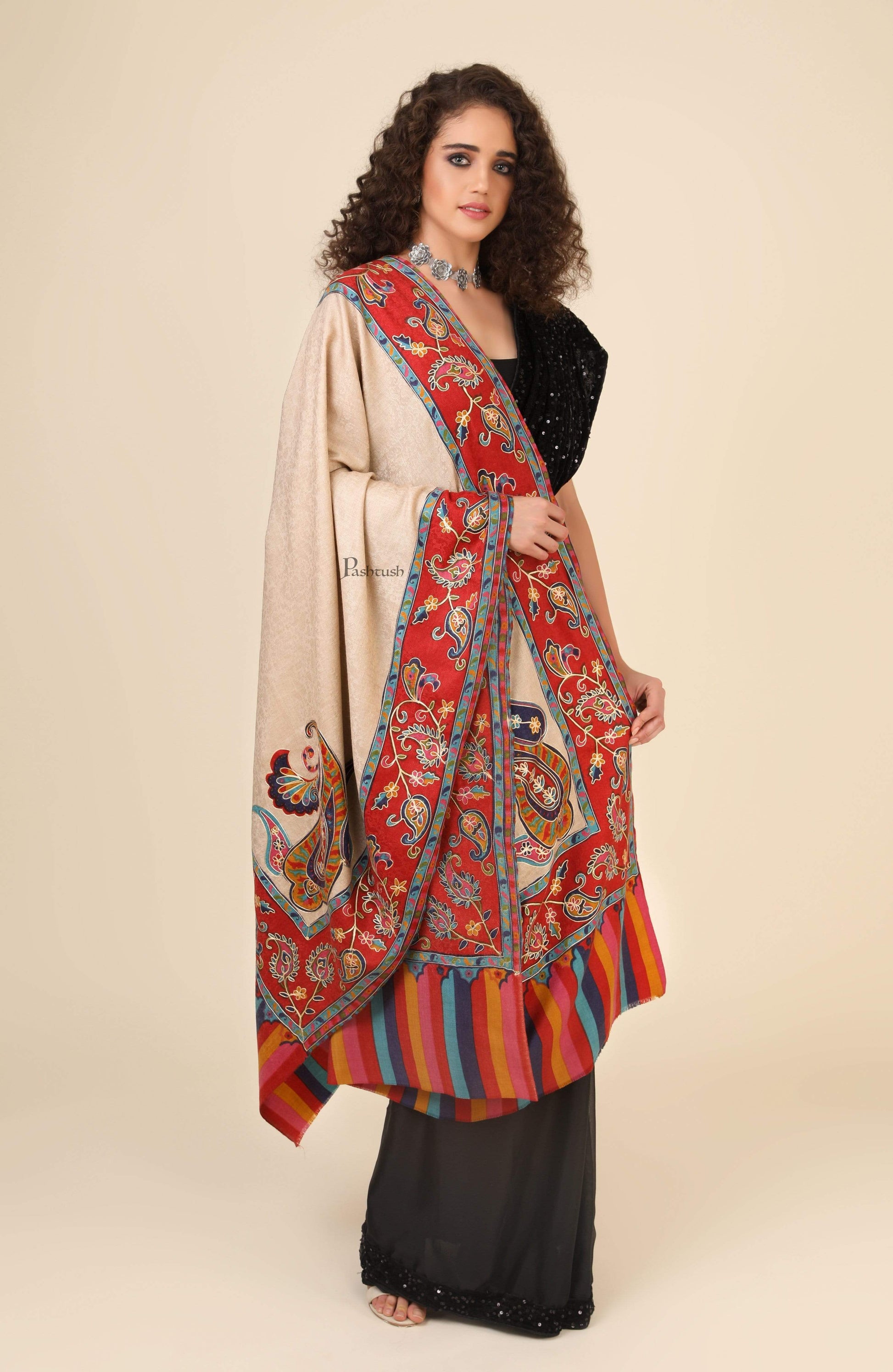 Pashtush India 114x228 Pashtush Womens Kalamkari Embroidery Shawl, Fine Wool Shawls, Medium