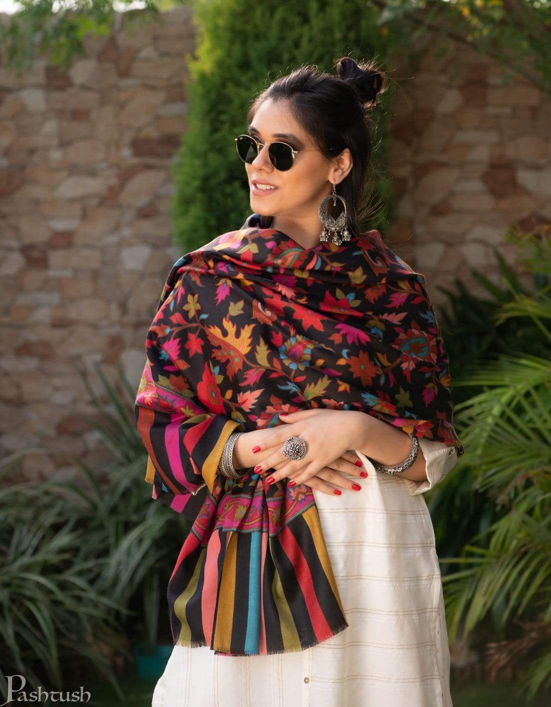 Pashtush India 70x200 Pashtush Womens Kalamkari Fine Wool Hand Printed Stole Scarf