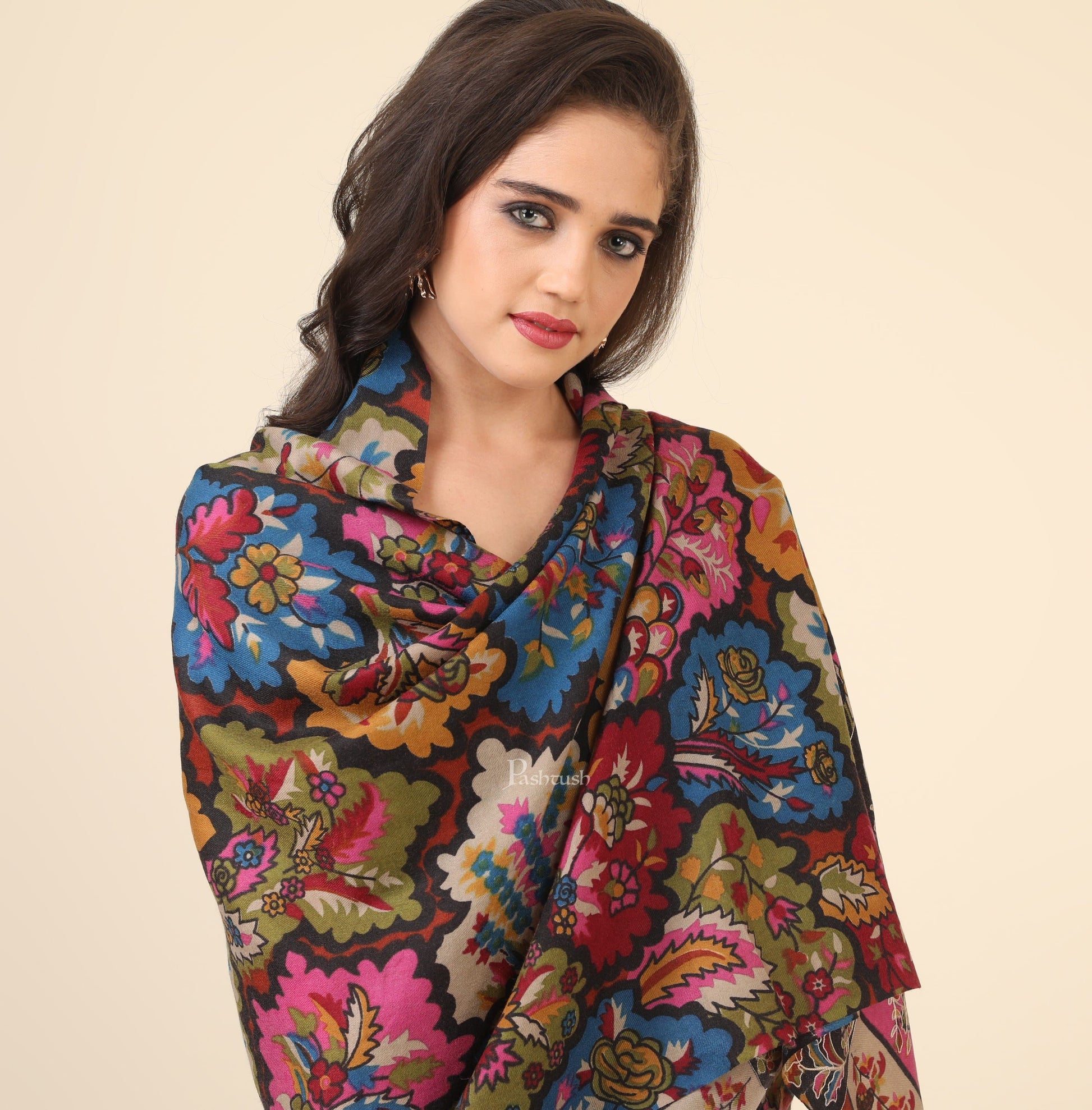 Pashtush India 70x200 Pashtush Womens Kalamkari Fine Wool Hand Printed Stole Scarf