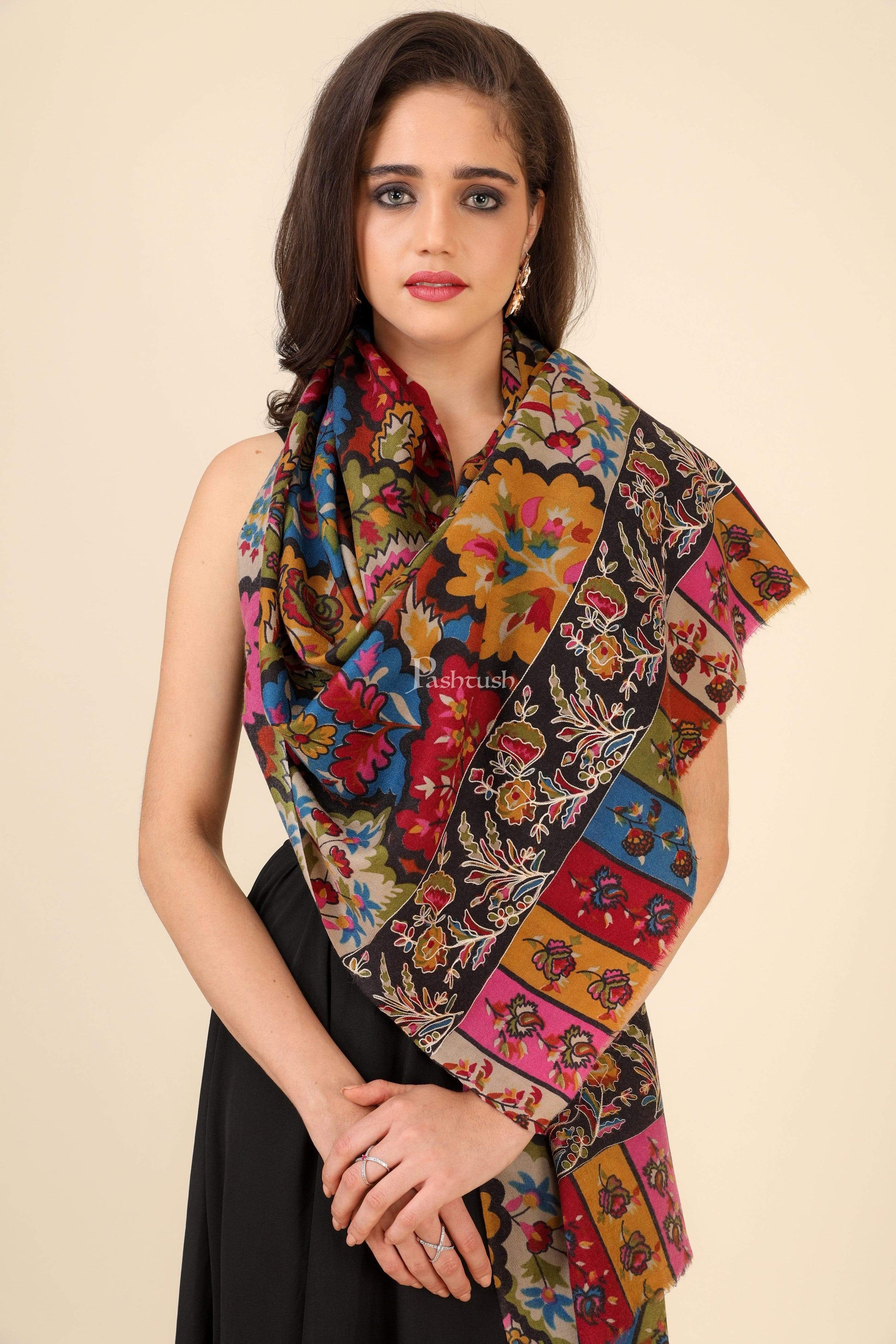 Pashtush India 70x200 Pashtush Womens Kalamkari Fine Wool Hand Printed Stole Scarf
