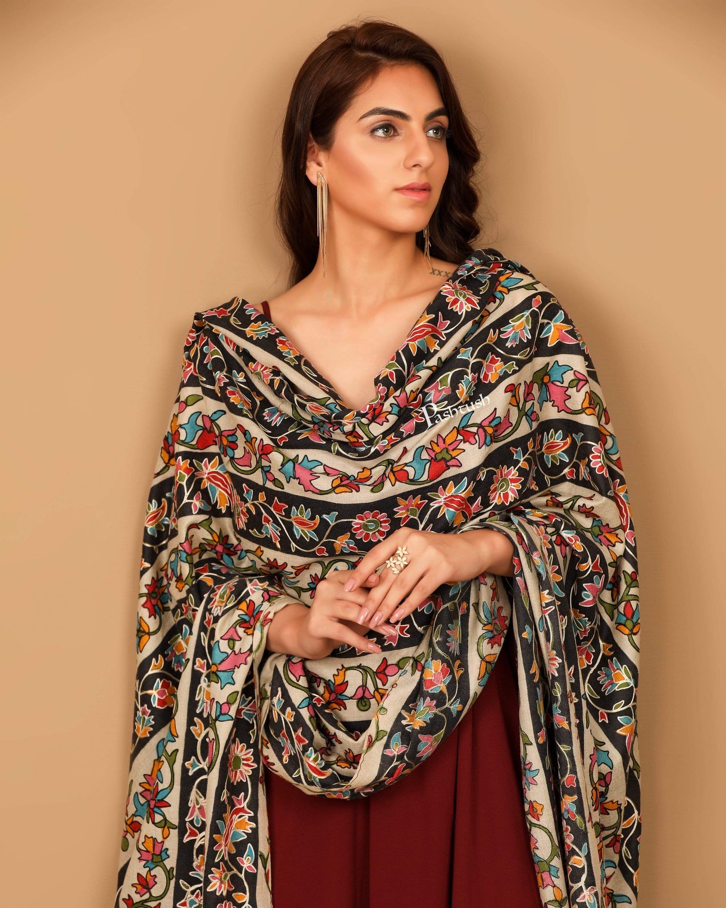 Pashtush Store Shawl Pashtush Womens Kalamkari Outline Embroidery Shawl, Kaani Painted Design