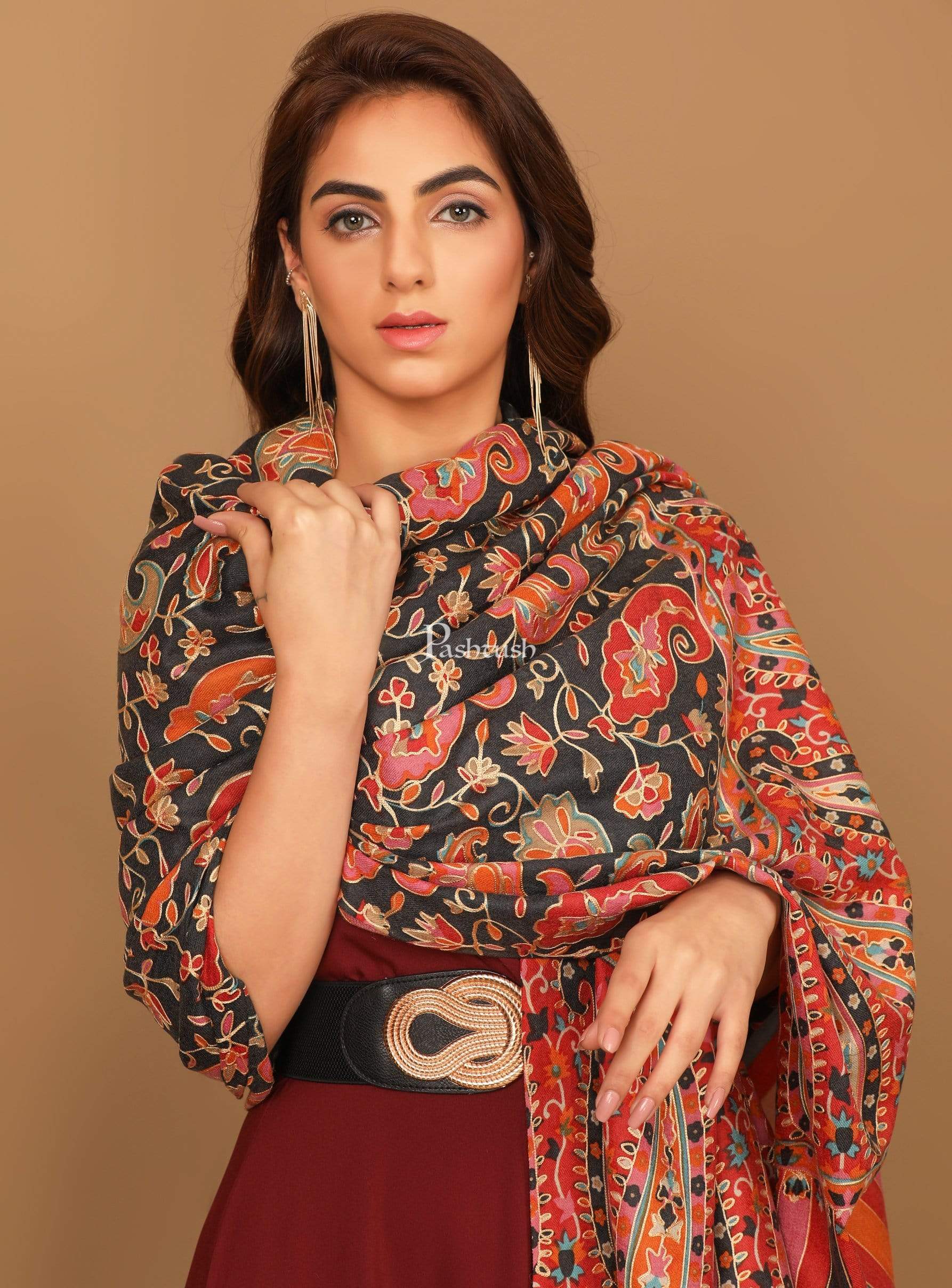 Pashtush India 114x228 Pashtush Womens Kalamkari Outline Embroidery Shawl, Kaani Painted Design, Grey and Black