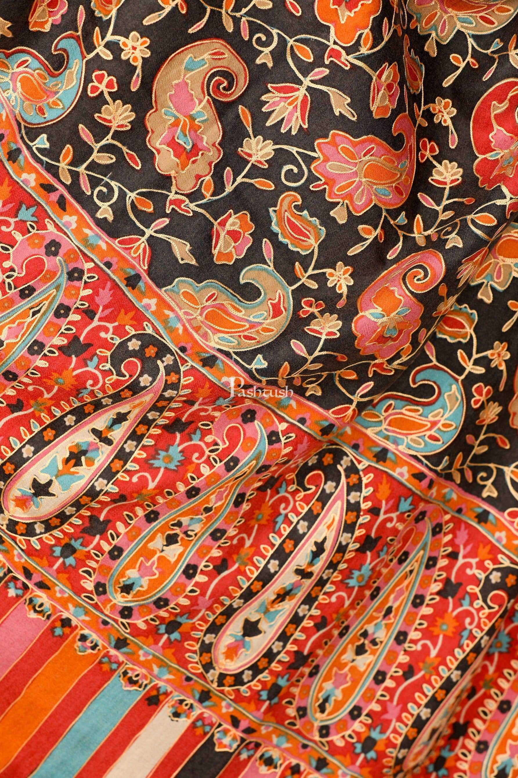 Pashtush India 114x228 Pashtush Womens Kalamkari Outline Embroidery Shawl, Kaani Painted Design, Grey and Black