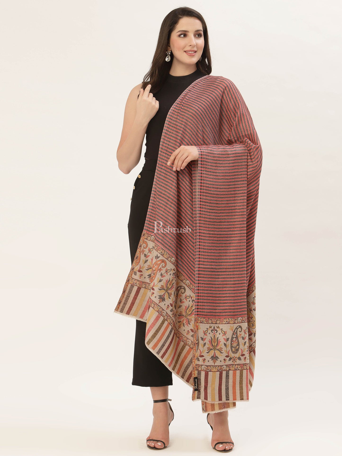 Pashtush India Womens Shawls Pashtush Womens Kalamkari Outline Embroidery Shawl, Multicoloured