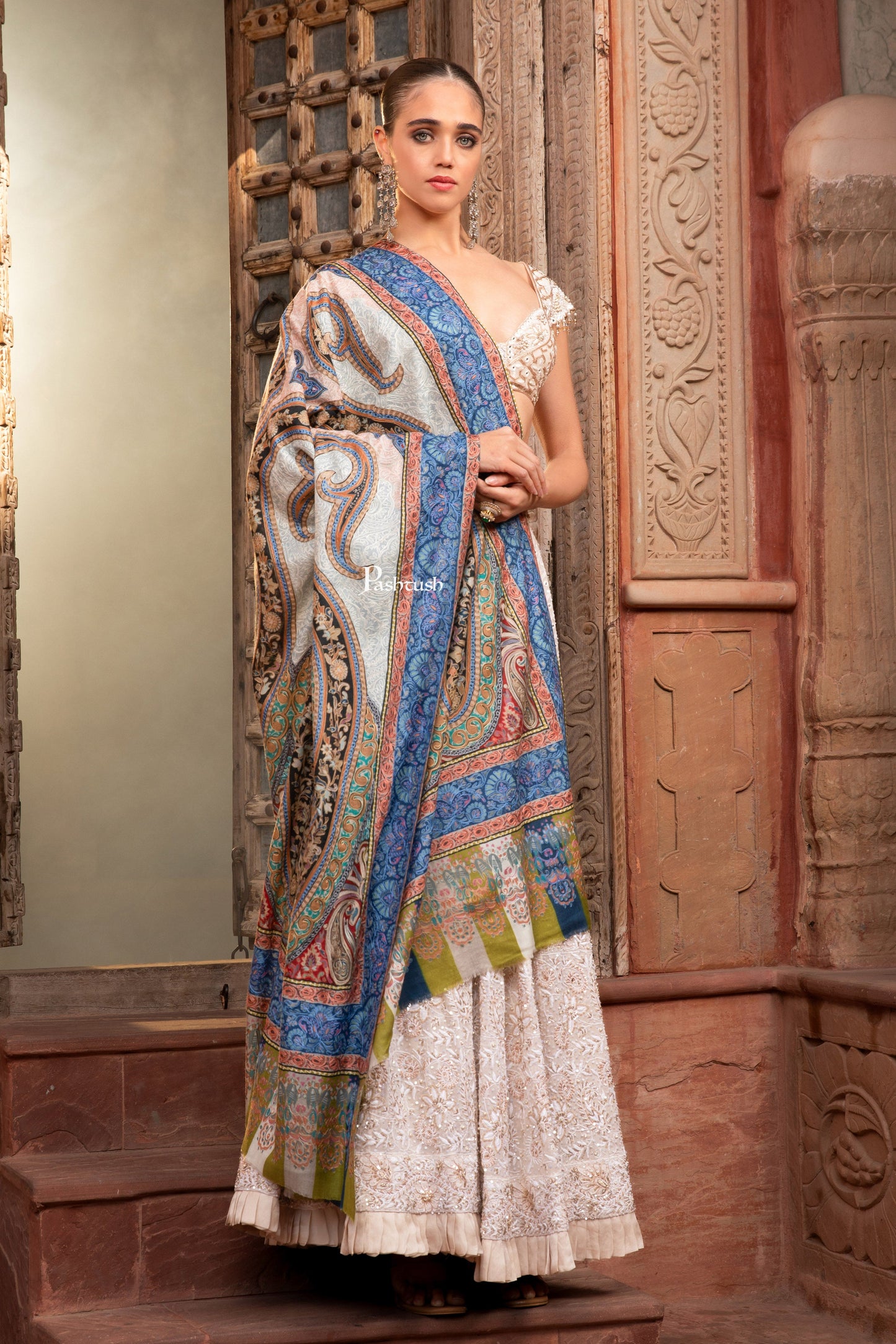 Pashtush India Womens Shawls Pashtush Womens Kalamkari Shawl, Extra Fine Silk Wool with Embroidery, Ivory and Blue