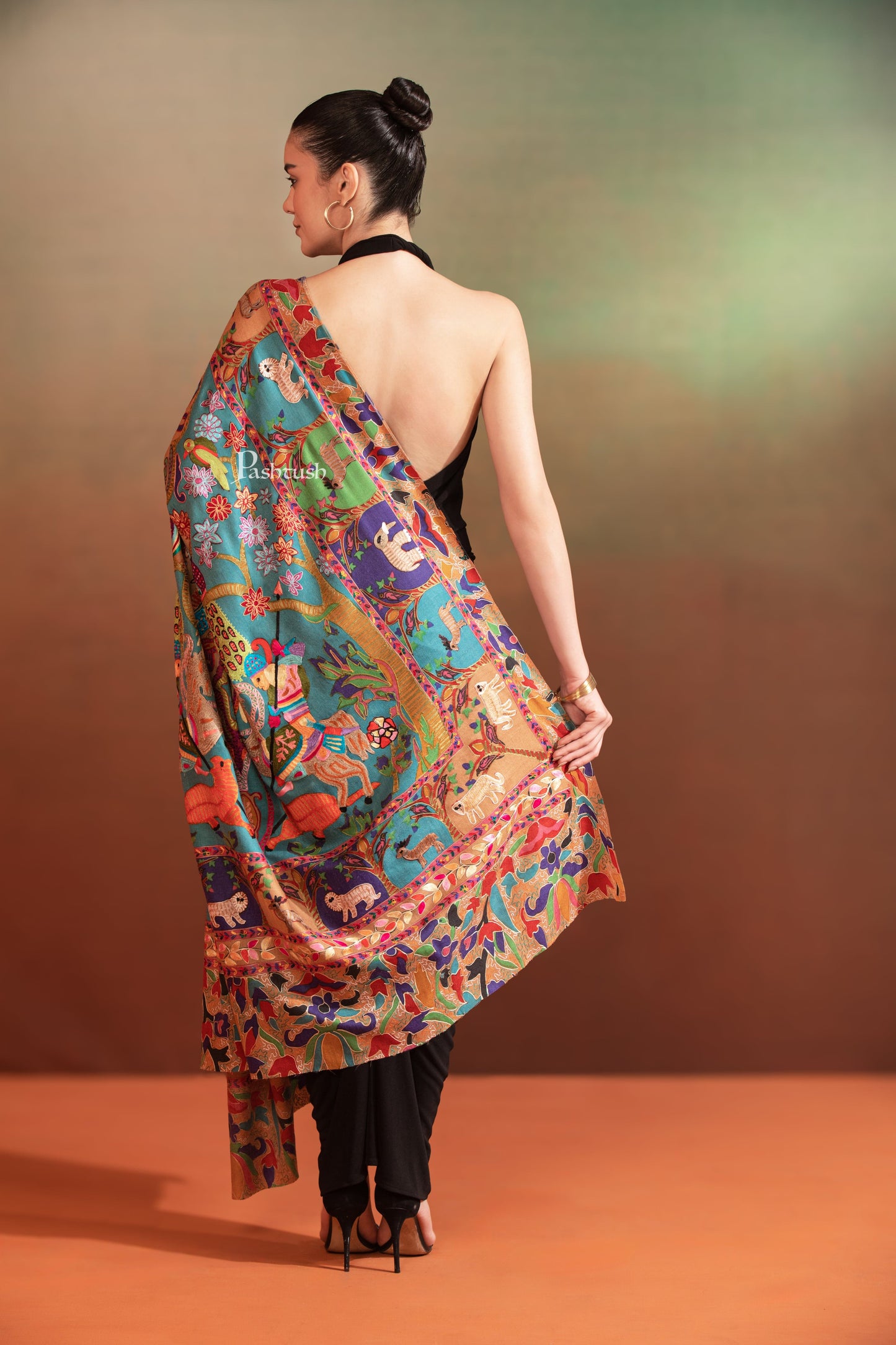 Pashtush India Womens Shawls Pashtush Womens Kalamkari Shawl, Hand Embroidered, Shikaar-Dar Design, Rich Blue