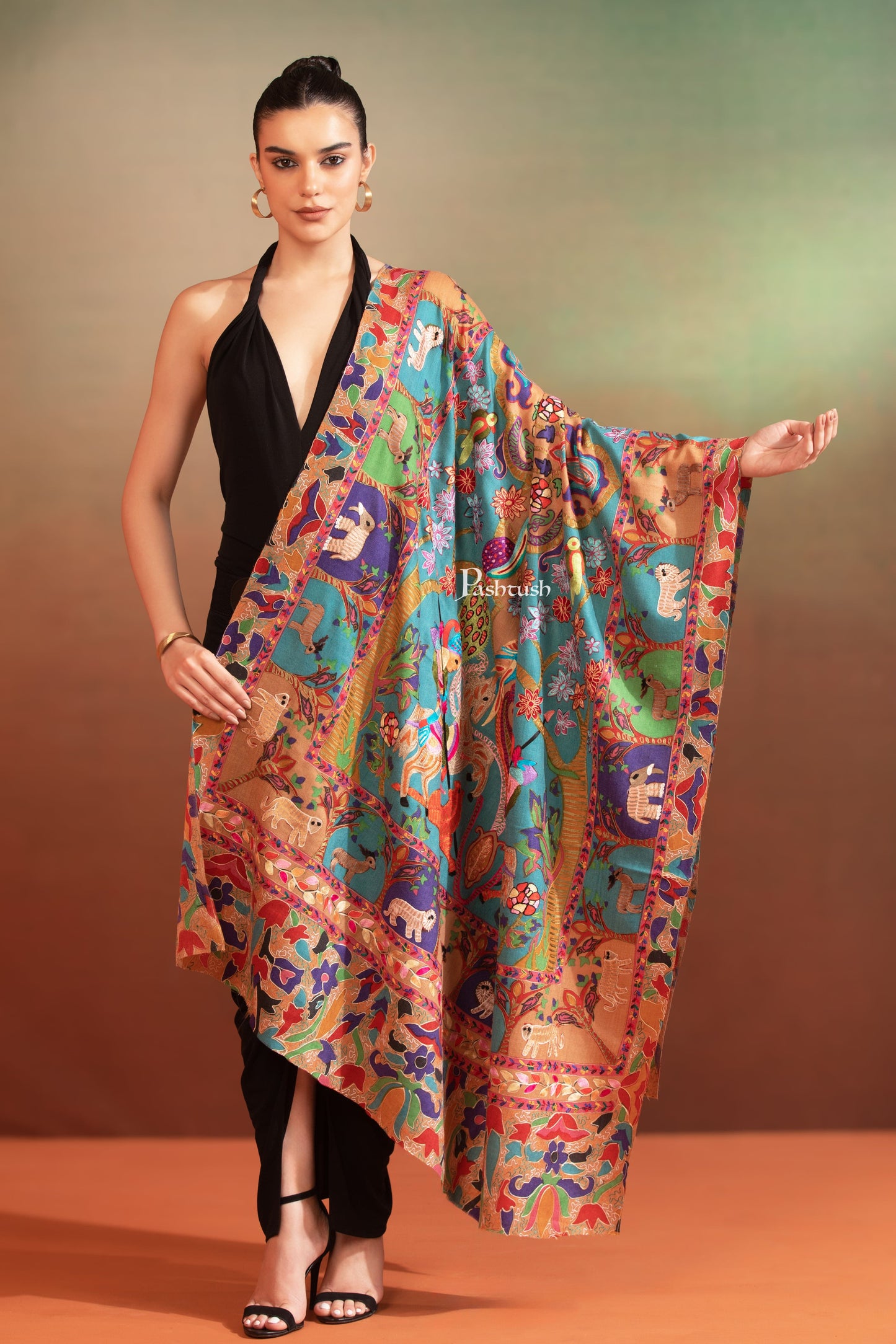Pashtush India Womens Shawls Pashtush Womens Kalamkari Shawl, Hand Embroidered, Shikaar-Dar Design, Rich Blue