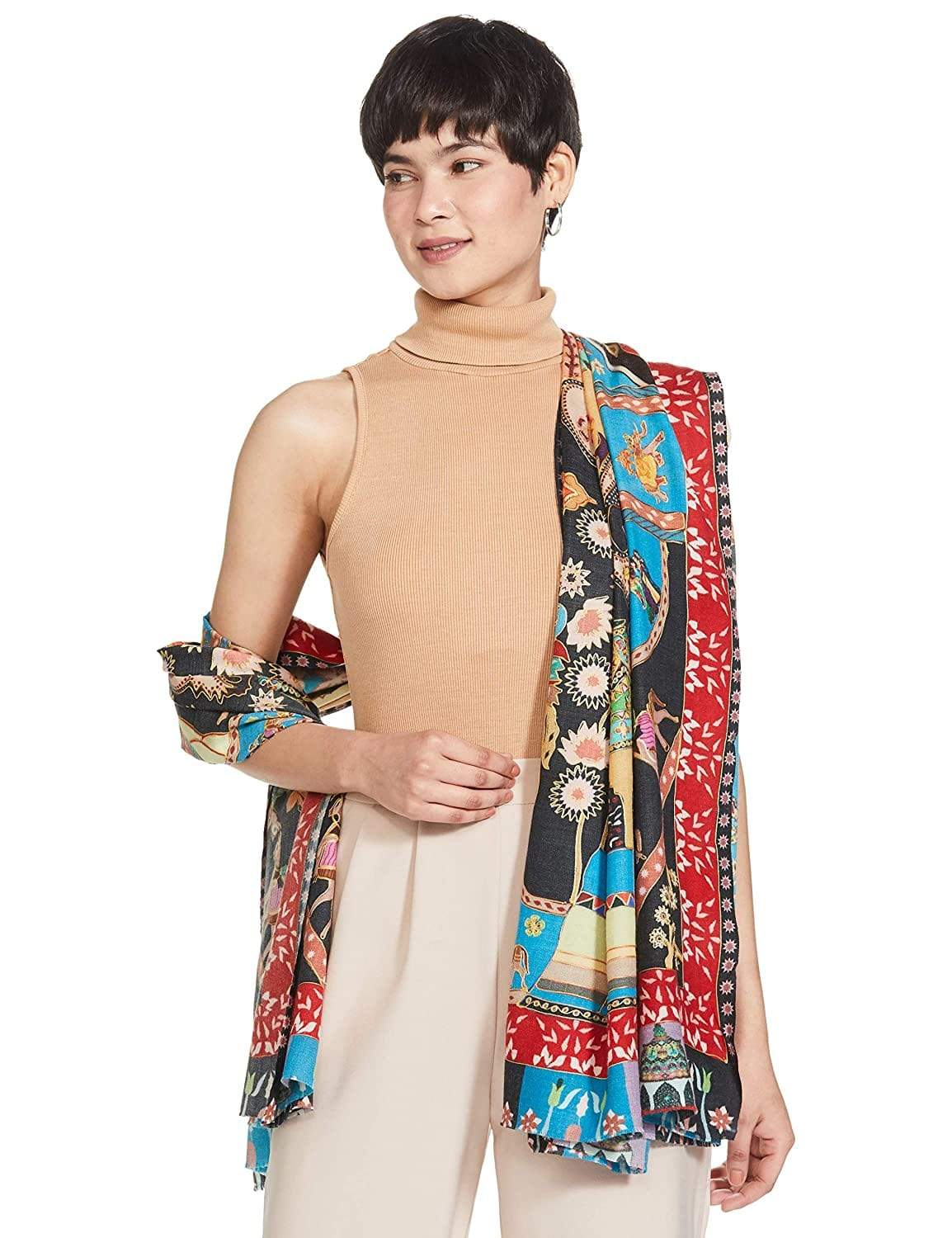 Pashtush India 100x200 Pashtush Womens Kalamkari Shawl, Multicoloured, With Outline Embroidery, 100% Pure Woolmark Certified