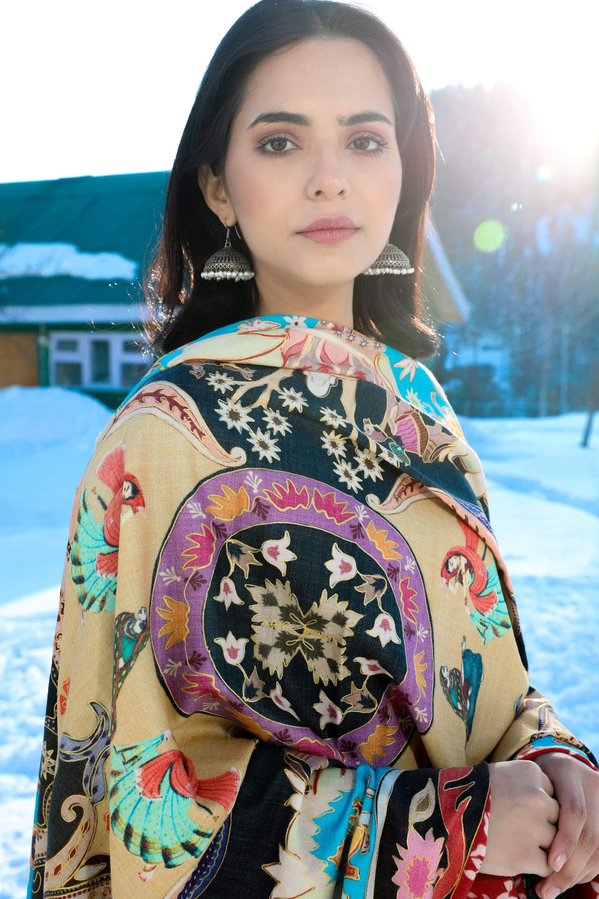 Pashtush India 100x200 Pashtush Womens Kalamkari Shawl, Multicoloured, With Outline Embroidery, 100% Pure Woolmark Certified