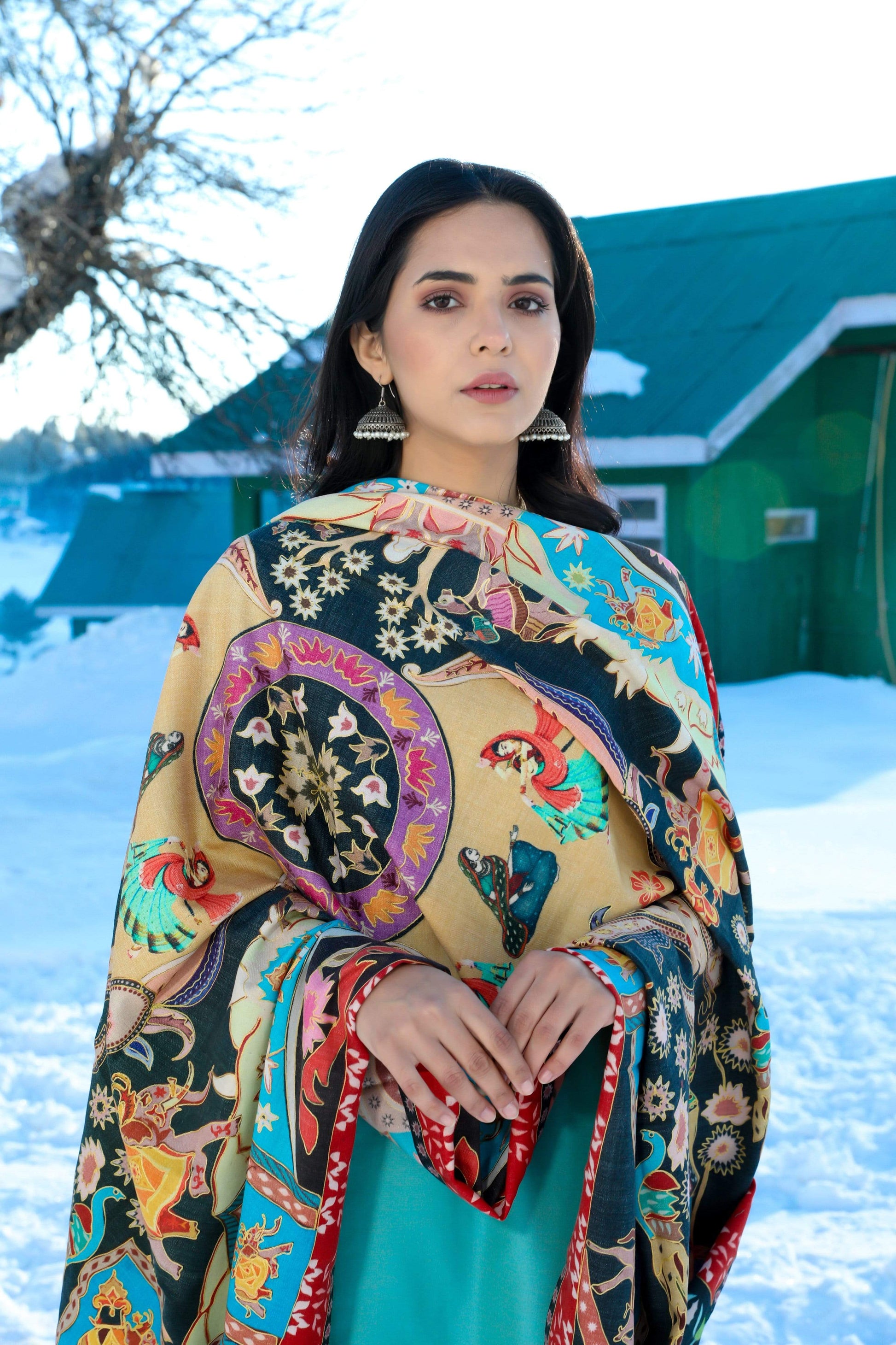 Pashtush India 100x200 Pashtush Womens Kalamkari Shawl, Multicoloured, With Outline Embroidery, 100% Pure Woolmark Certified