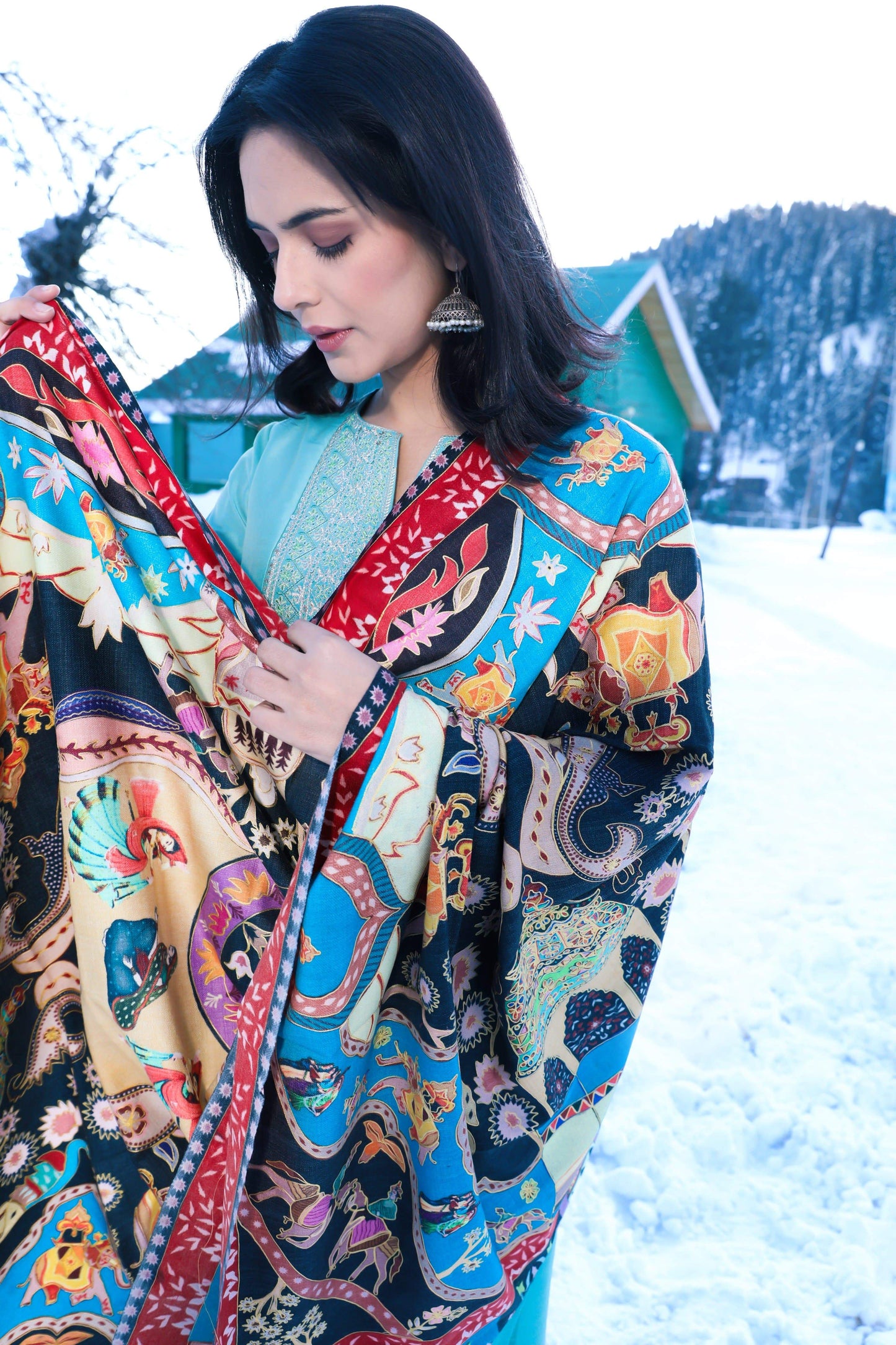 Pashtush India 100x200 Pashtush Womens Kalamkari Shawl, Multicoloured, With Outline Embroidery, 100% Pure Woolmark Certified