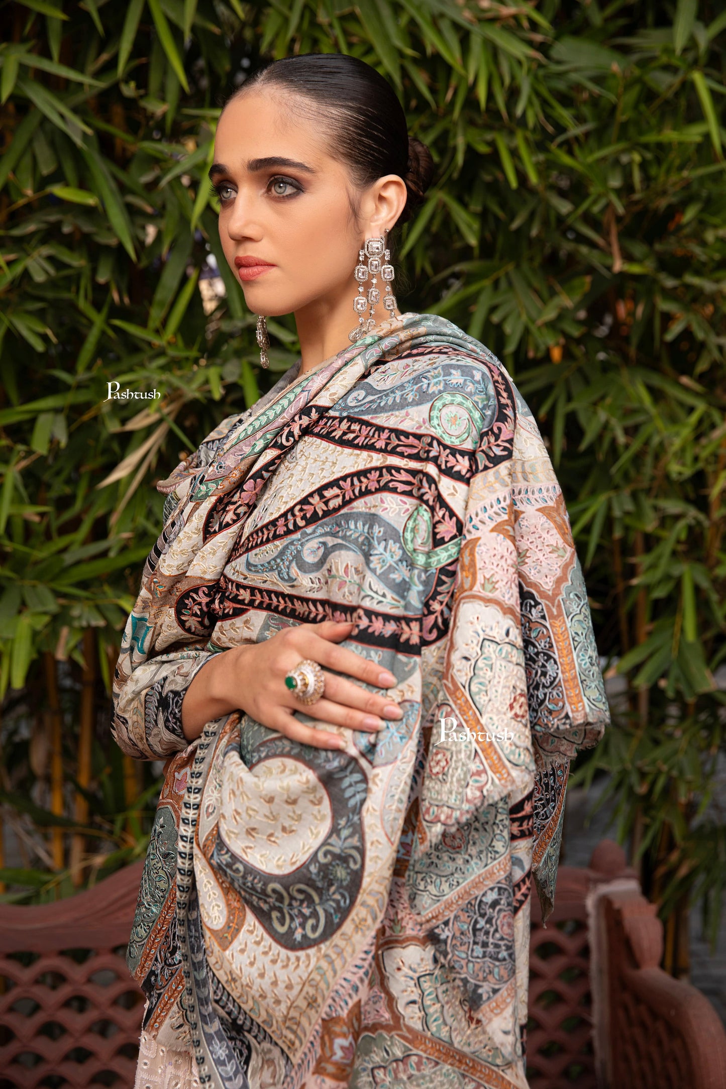 Pashtush India Womens Shawls Pashtush Womens Kalamkari Shawl with Hand Embroidered Outline Work, Fine Wool, Pastels