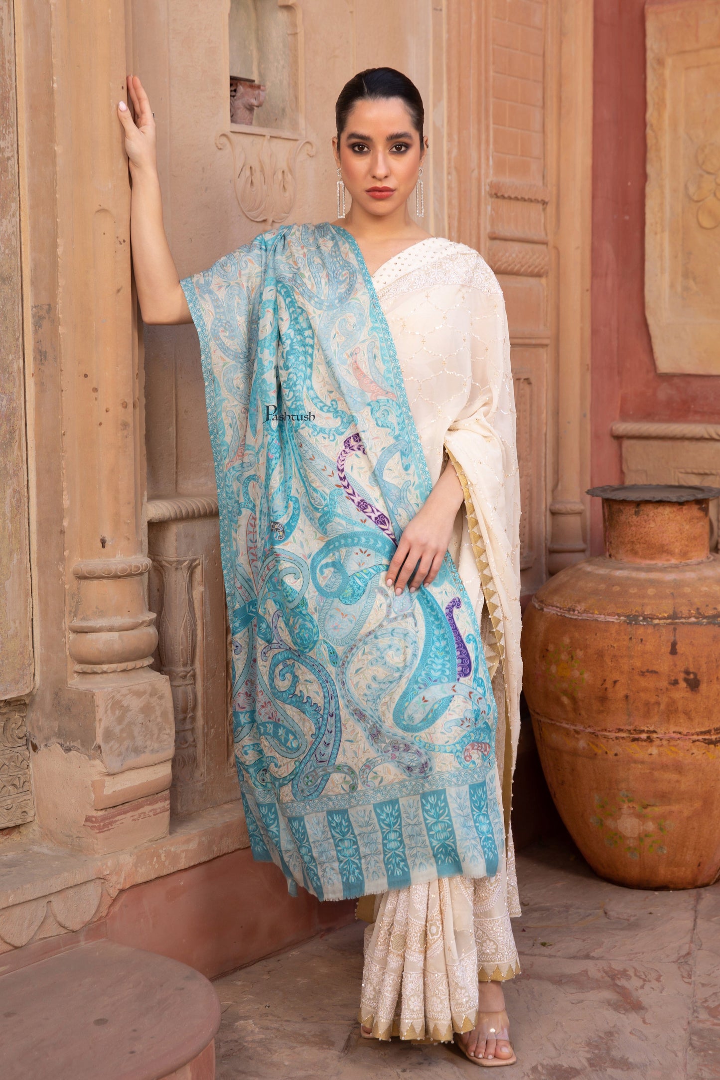 Pashtush India Womens Shawls Pashtush Womens Kalamkari Shawl with Hand Embroidered Outline Work, Fine Wool, Samarkand Blue