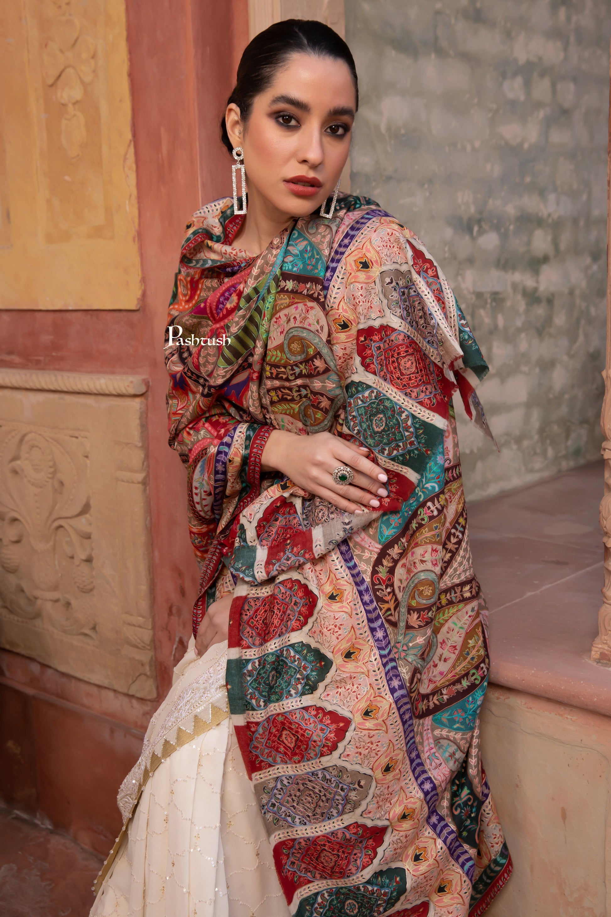 Pashtush India Womens Shawls Pashtush Womens Kalamkari Shawl with Hand Embroidered Outline Work, Fine Wool, Vibrance