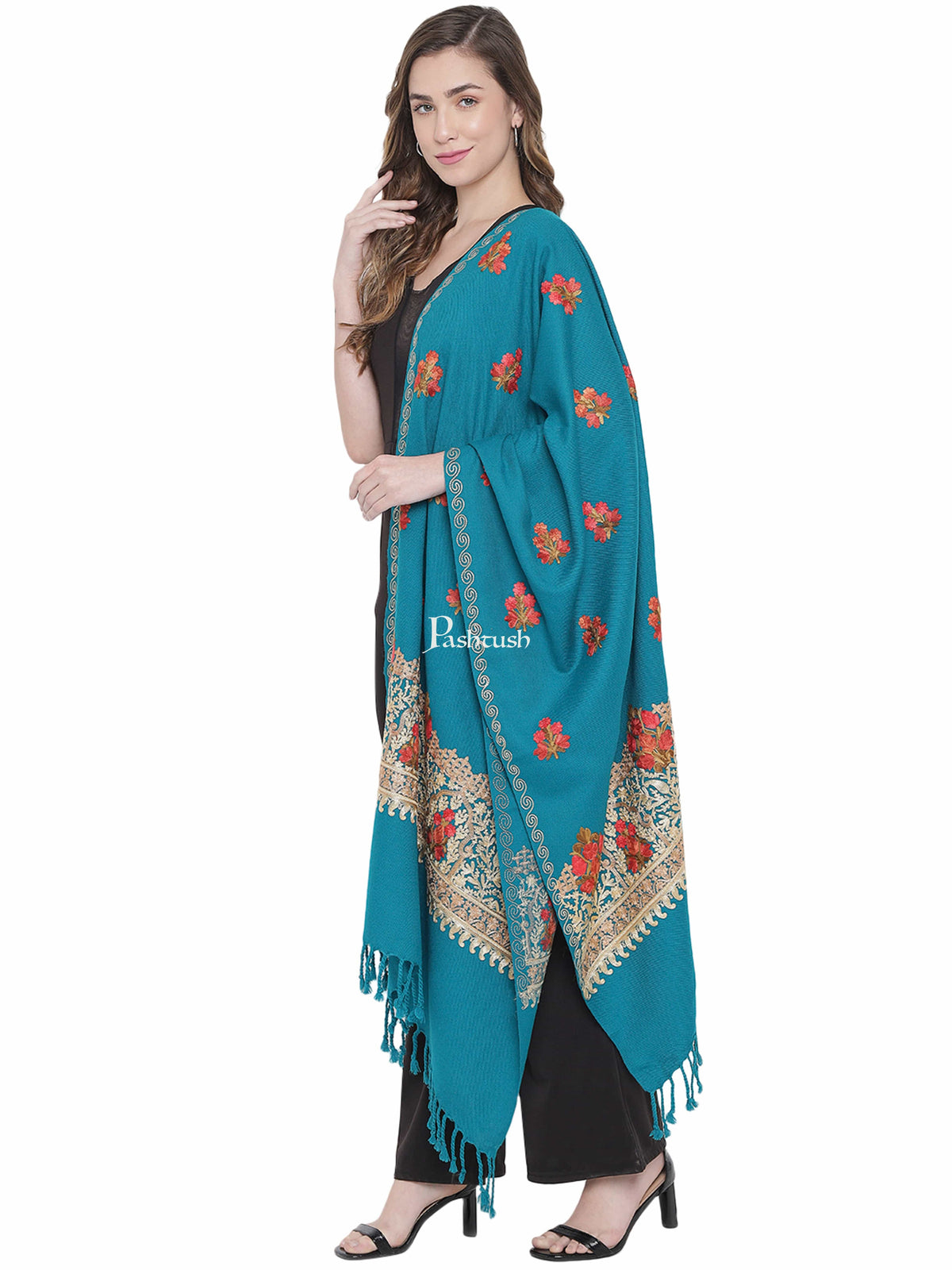 Pashtush India Womens Stoles and Scarves Scarf Pashtush Womens Kashmiri Aari Embroidery Stole, Arabic Sea