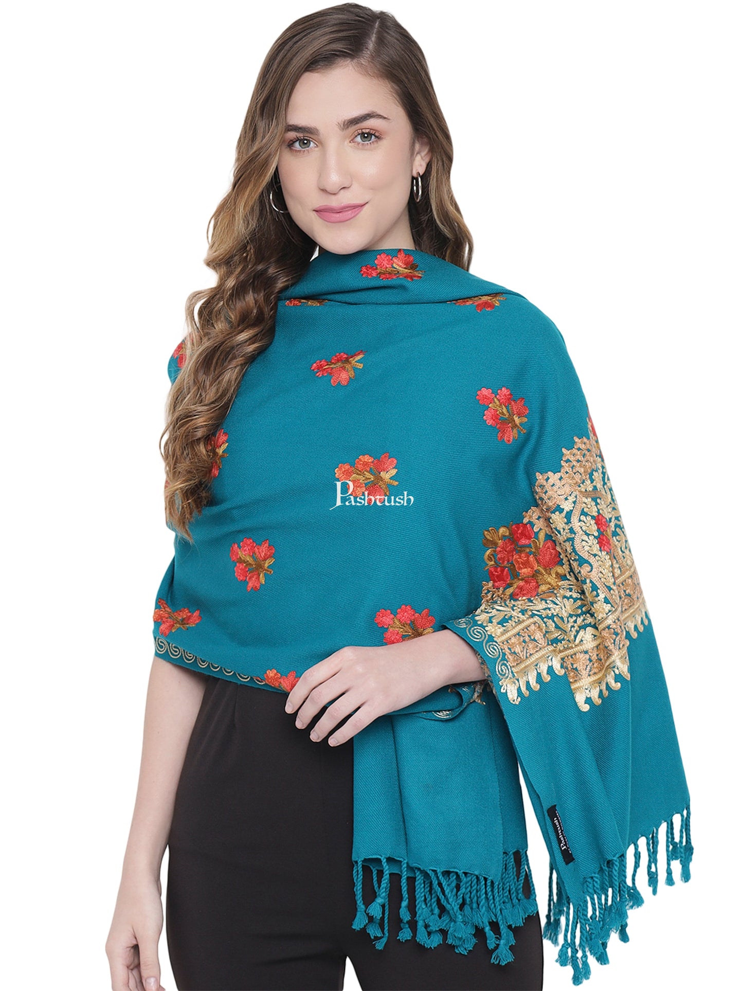 Pashtush India Womens Stoles and Scarves Scarf Pashtush Womens Kashmiri Aari Embroidery Stole, Arabic Sea