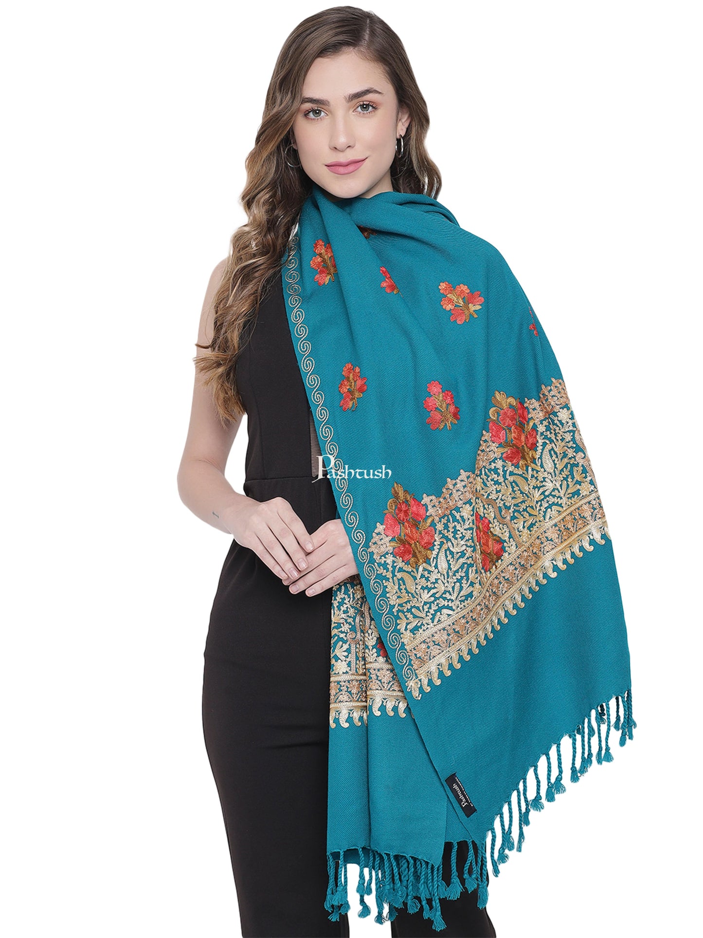 Pashtush India Womens Stoles and Scarves Scarf Pashtush Womens Kashmiri Aari Embroidery Stole, Arabic Sea