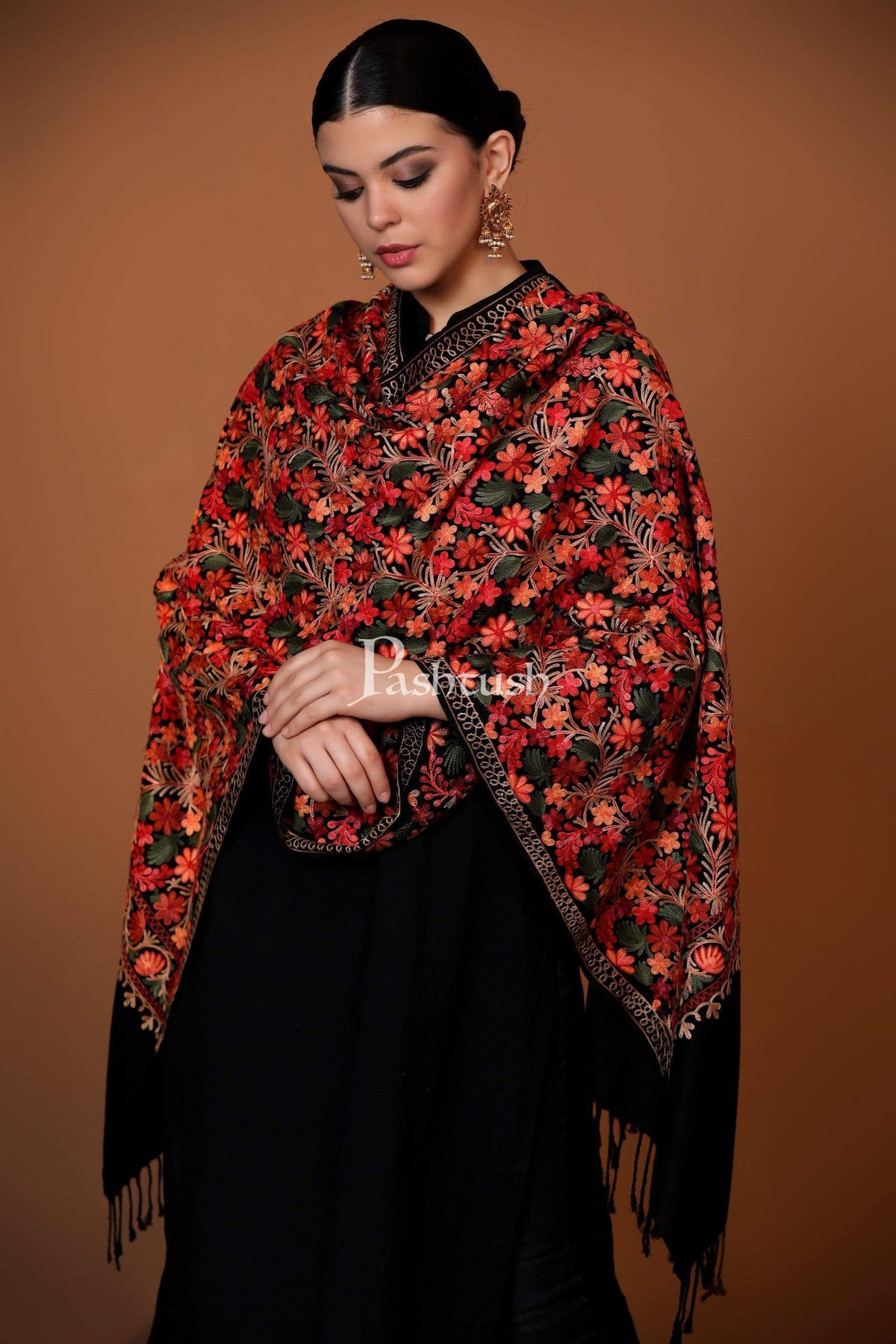 Pashtush India 70x200 Pashtush Womens Kashmiri Aari Embroidery Stole, Soft and Warm