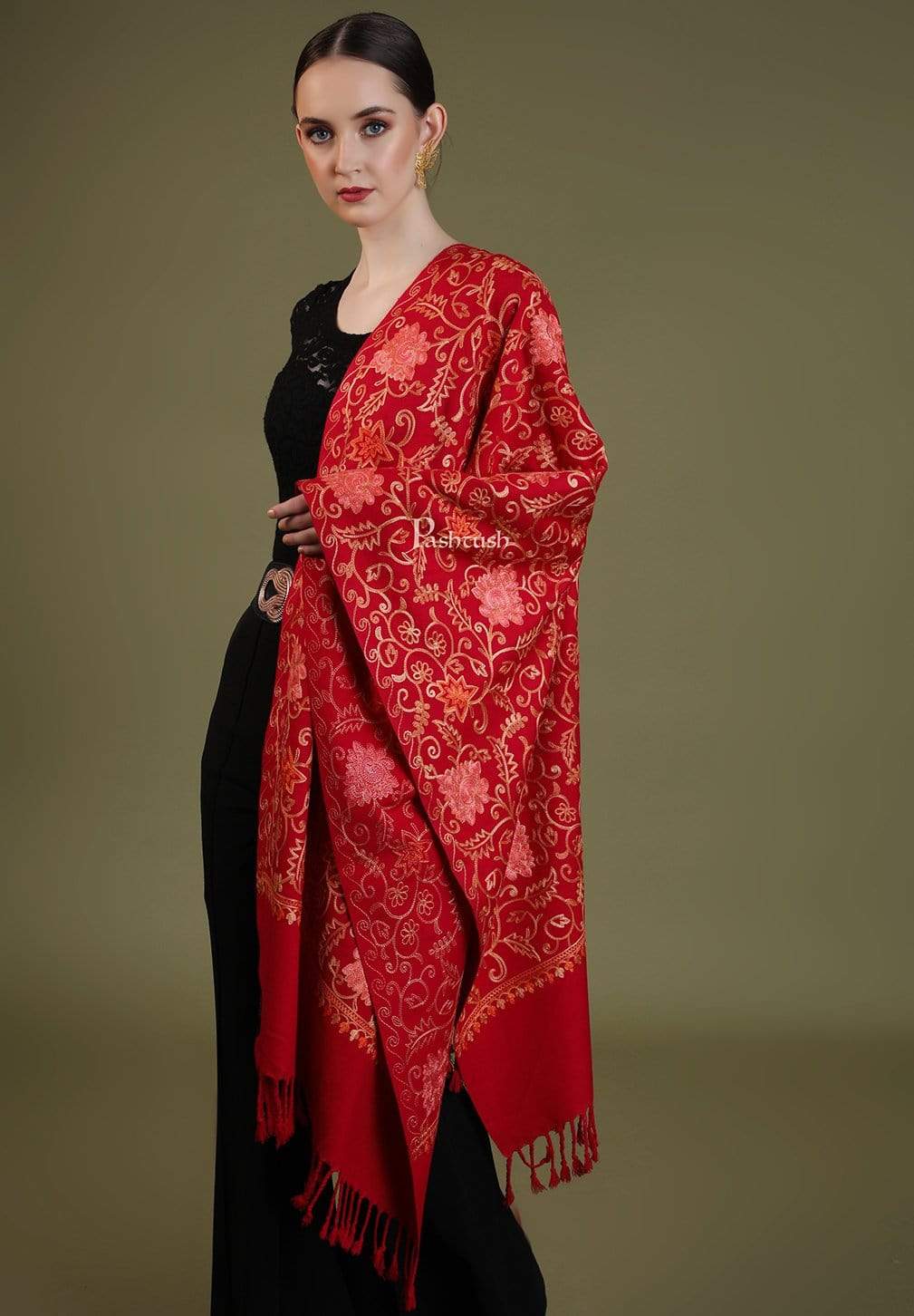 Pashtush India 70x200 Pashtush Womens Kashmiri Aari Embroidery, Woollen Stole